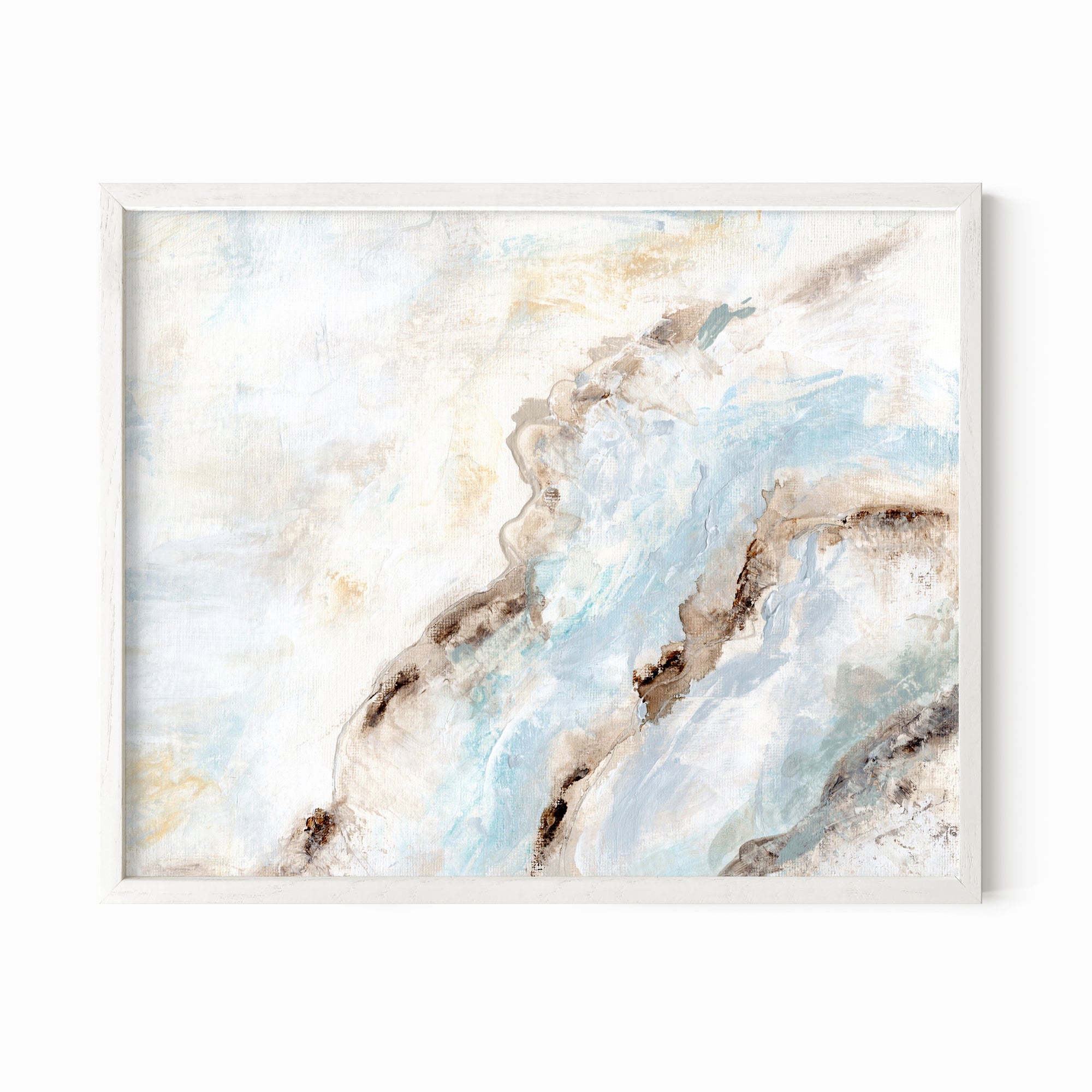 Evermore - soft muted abstract wall art original painting fine are print in  blue, beige, gray, cream, brown, teal, and white; framed in white oak by NLS Design. Large neutral wall art for living rooms, bedrooms, and above sofas.
