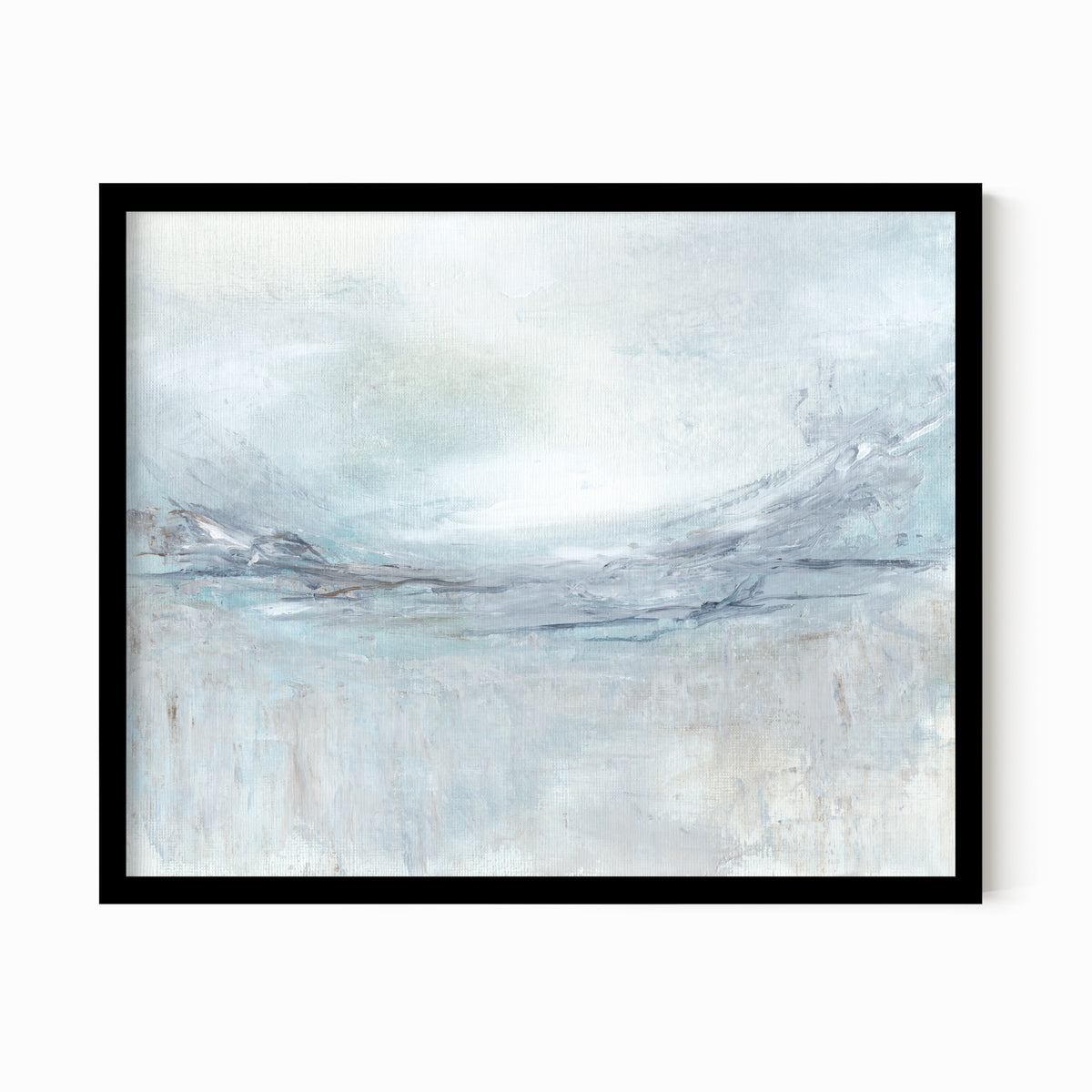 Exhale is an expressive abstract landscape in soft blue, pale gray, muted teal, navy blue, cream, white, and brown, black oak frame by NLS Design. Large neutral gallery wall art for living rooms, bedrooms, entryways, offices, bathrooms, and above the couch and above the bed. Modern coastal, Nancy Meyers, California coastal, meditative wellness. Horizontal sizes, 8x10, 11x14, 16x20, 18x24, 24x36, 30x40, 40x60 inches. Artwork by NLS Design, nlsdesignllc.com. Real art by a real artist. No AI