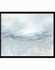 Exhale is an expressive abstract landscape in soft blue, pale gray, muted teal, navy blue, cream, white, and brown, black oak frame by NLS Design. Large neutral gallery wall art for living rooms, bedrooms, entryways, offices, bathrooms, and above the couch and above the bed. Modern coastal, Nancy Meyers, California coastal, meditative wellness. Horizontal sizes, 8x10, 11x14, 16x20, 18x24, 24x36, 30x40, 40x60 inches. Artwork by NLS Design, nlsdesignllc.com. Real art by a real artist. No AI