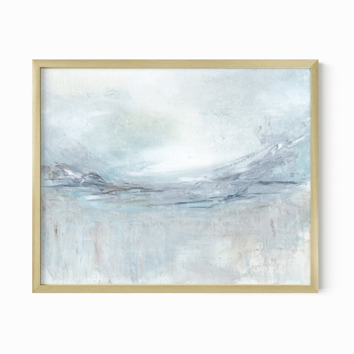 Exhale is an expressive abstract landscape in soft blue, pale gray, muted teal, navy blue, cream, white, and brown, gold metal frame by NLS Design. Large neutral gallery wall art for living rooms, bedrooms, entryways, offices, bathrooms, and above the couch and above the bed. Modern coastal, Nancy Meyers, California coastal, meditative wellness. Horizontal sizes, 8x10, 11x14, 16x20, 18x24, 24x36, 30x40, 40x60 inches. Artwork by NLS Design, nlsdesignllc.com. Real art by a real artist. No AI