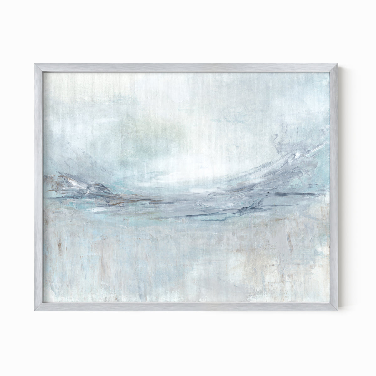 Exhale is an expressive abstract landscape in soft blue, pale gray, muted teal, navy blue, cream, white, and brown, silver metal frame by NLS Design. Large neutral gallery wall art for living rooms, bedrooms, entryways, offices, bathrooms, and above the couch and above the bed. Modern coastal, Nancy Meyers, California coastal, meditative wellness. Horizontal sizes, 8x10, 11x14, 16x20, 18x24, 24x36, 30x40, 40x60 inches. Artwork by NLS Design, nlsdesignllc.com. Real art by a real artist. No AI
