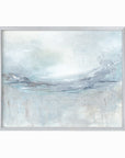 Exhale is an expressive abstract landscape in soft blue, pale gray, muted teal, navy blue, cream, white, and brown, silver metal frame by NLS Design. Large neutral gallery wall art for living rooms, bedrooms, entryways, offices, bathrooms, and above the couch and above the bed. Modern coastal, Nancy Meyers, California coastal, meditative wellness. Horizontal sizes, 8x10, 11x14, 16x20, 18x24, 24x36, 30x40, 40x60 inches. Artwork by NLS Design, nlsdesignllc.com. Real art by a real artist. No AI