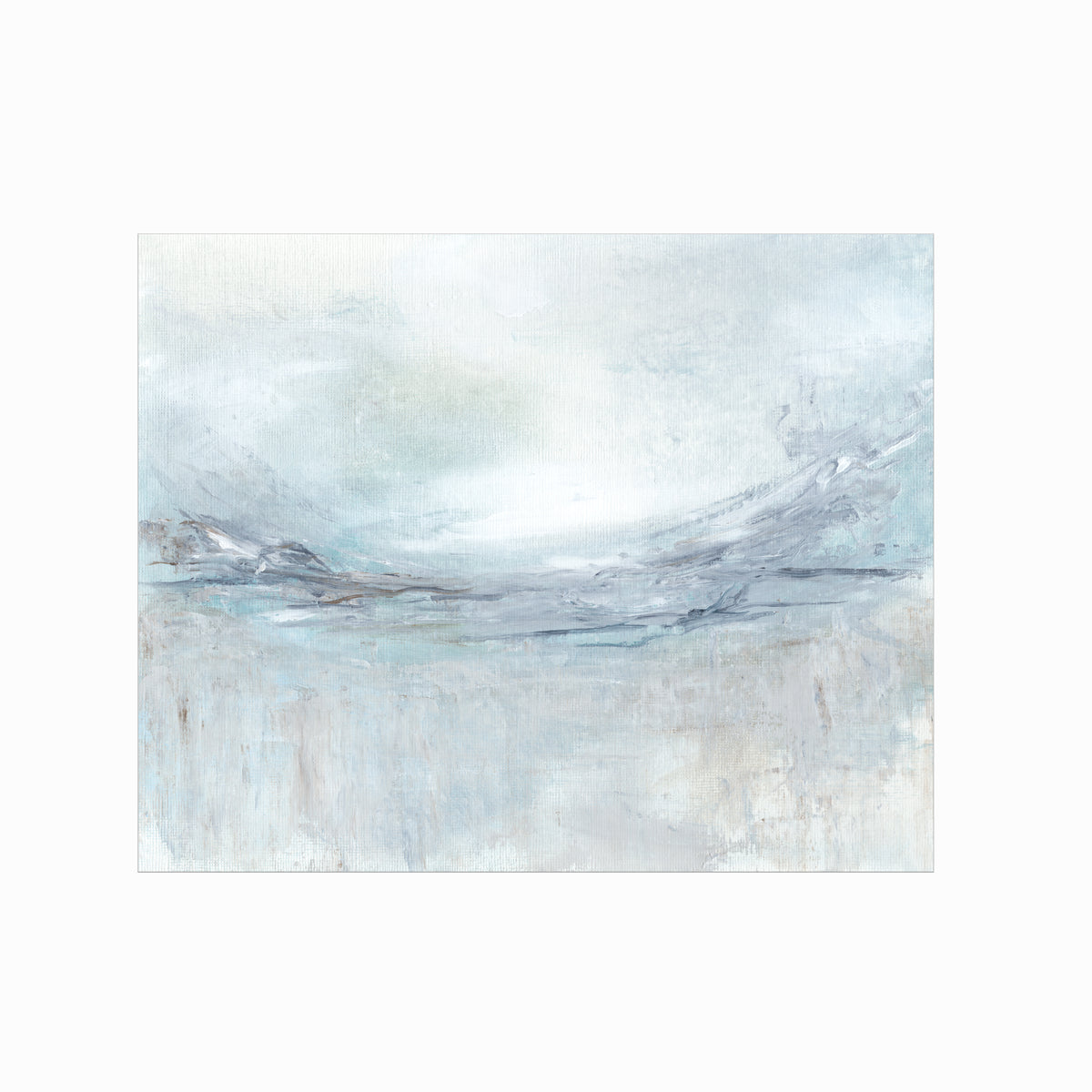 Exhale is an expressive abstract landscape in soft blue, pale gray, muted teal, navy blue, cream, white, and brown, unframed by NLS Design. Large neutral gallery wall art for living rooms, bedrooms, entryways, offices, bathrooms, and above the couch and above the bed. Modern coastal, Nancy Meyers, California coastal, meditative wellness. Horizontal sizes, 8x10, 11x14, 16x20, 18x24, 24x36, 30x40, 40x60 inches. Artwork by NLS Design, nlsdesignllc.com. Real art by a real artist. No AI