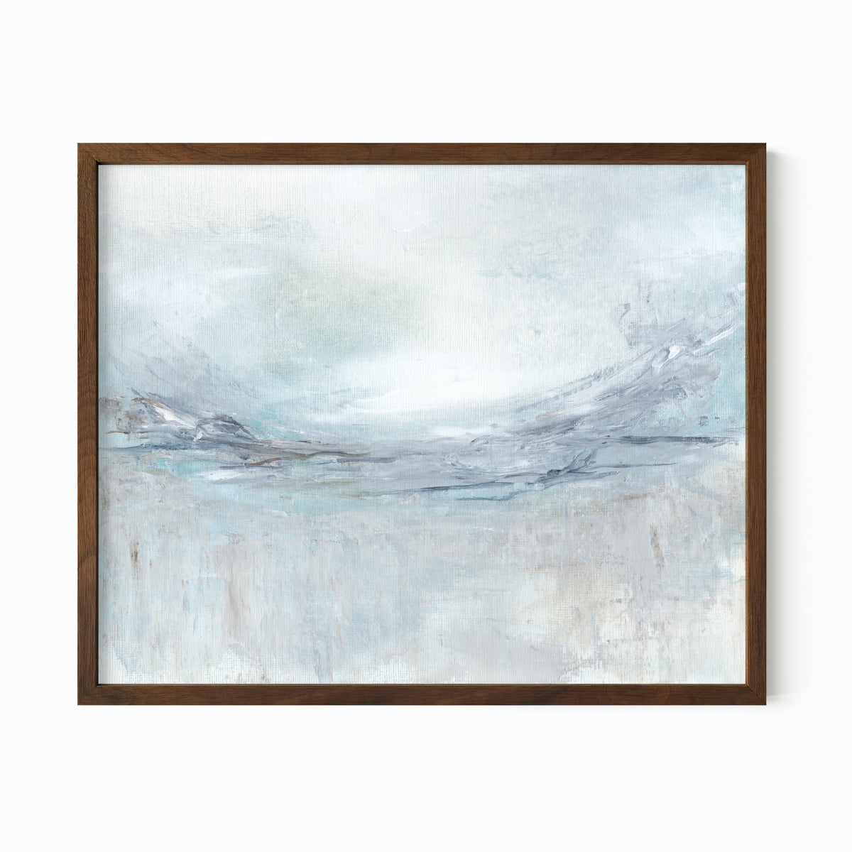 Exhale is an expressive abstract landscape in soft blue, pale gray, muted teal, navy blue, cream, white, and brown, walnut oak frame by NLS Design. Large neutral gallery wall art for living rooms, bedrooms, entryways, offices, bathrooms, and above the couch and above the bed. Modern coastal, Nancy Meyers, California coastal, meditative wellness. Horizontal sizes, 8x10, 11x14, 16x20, 18x24, 24x36, 30x40, 40x60 inches. Artwork by NLS Design, nlsdesignllc.com. Real art by a real artist. No AI
