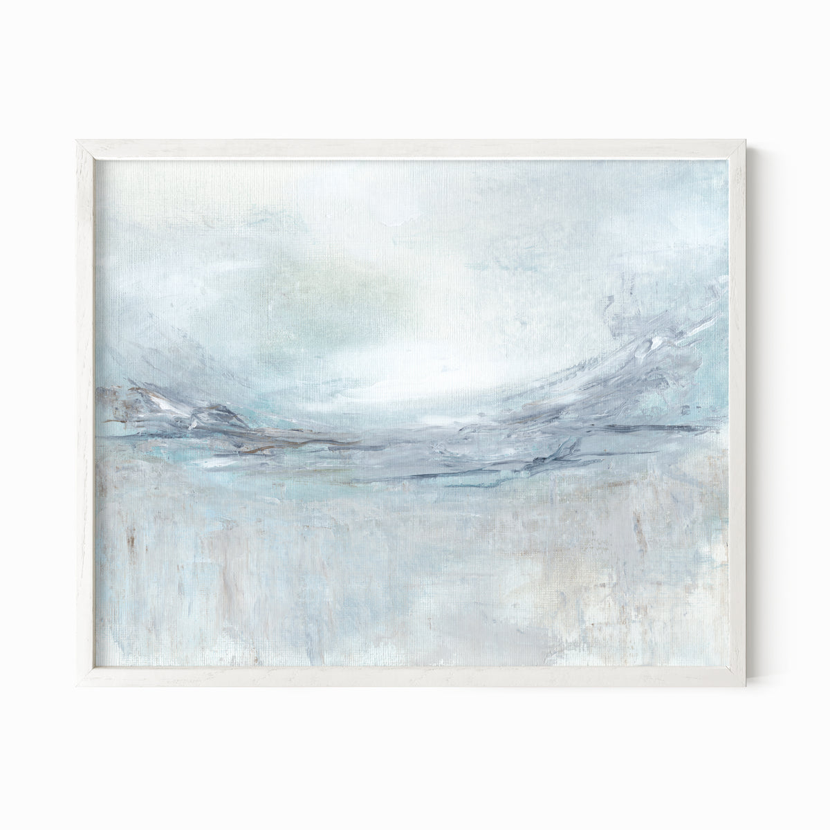 Exhale is an expressive abstract landscape in soft blue, pale gray, muted teal, navy blue, cream, white, and brown, white oak frame by NLS Design. Large neutral gallery wall art for living rooms, bedrooms, entryways, offices, bathrooms, and above the couch and above the bed. Modern coastal, Nancy Meyers, California coastal, meditative wellness. Horizontal sizes, 8x10, 11x14, 16x20, 18x24, 24x36, 30x40, 40x60 inches. Artwork by NLS Design, nlsdesignllc.com. Real art by a real artist. No AI