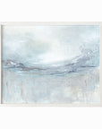 Exhale is an expressive abstract landscape in soft blue, pale gray, muted teal, navy blue, cream, white, and brown, white oak frame by NLS Design. Large neutral gallery wall art for living rooms, bedrooms, entryways, offices, bathrooms, and above the couch and above the bed. Modern coastal, Nancy Meyers, California coastal, meditative wellness. Horizontal sizes, 8x10, 11x14, 16x20, 18x24, 24x36, 30x40, 40x60 inches. Artwork by NLS Design, nlsdesignllc.com. Real art by a real artist. No AI