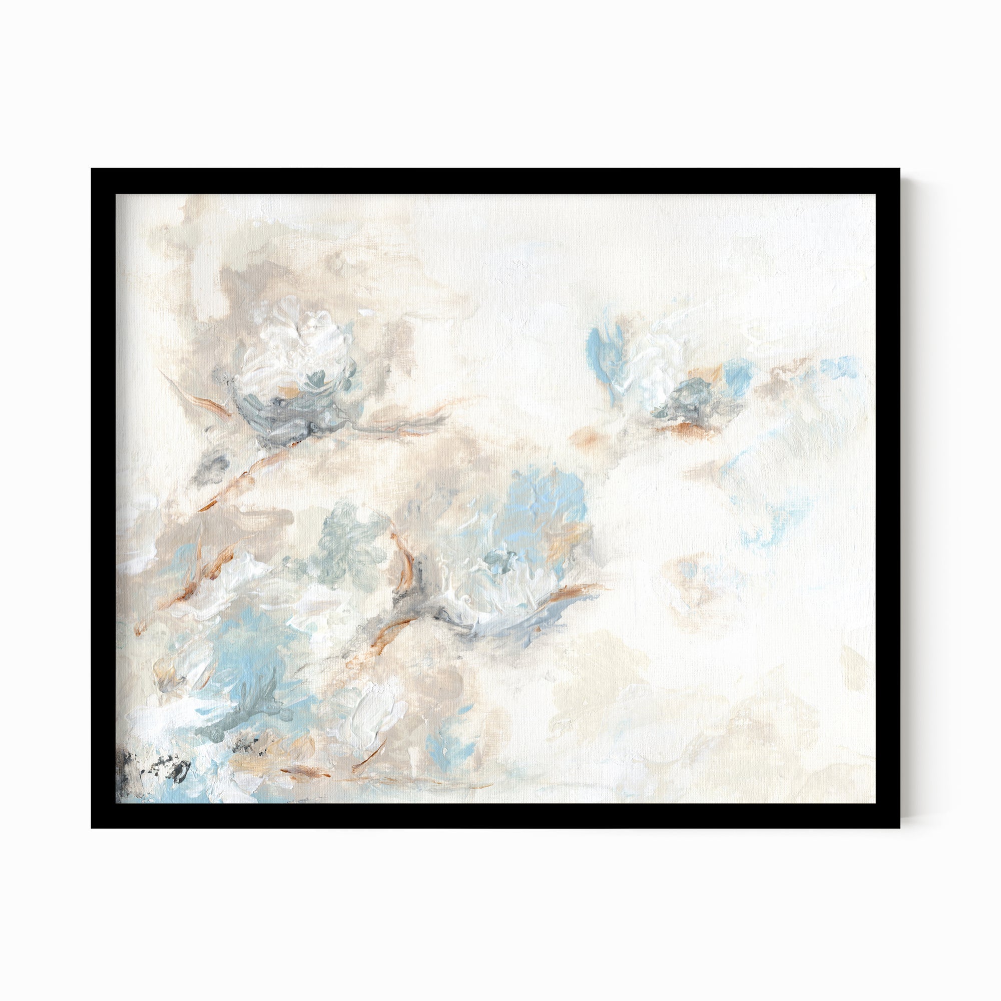 Flora - abstract floral original painting fine are print in light blue, brown, cream, gray, beige, taupe, and white; framed in black oak by NLS Design. Large neutral wall art for living rooms, bedrooms, entryways, offices, bathrooms, and above sofas and beds. nlsdesignllc.com