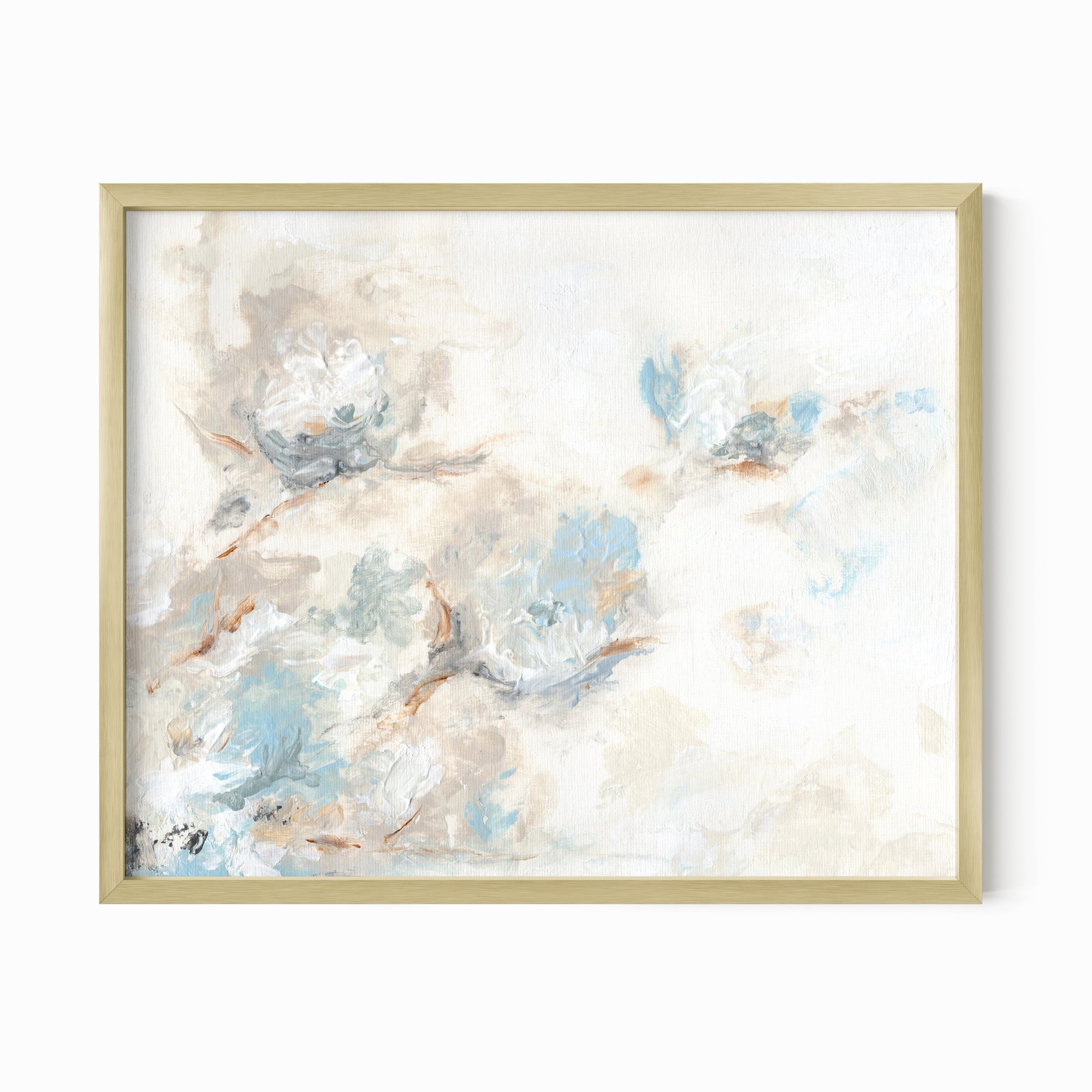 Flora - abstract floral original painting fine are print in light blue, brown, cream, gray, beige, taupe, and white; framed in gold metal by NLS Design. Large neutral wall art for living rooms, bedrooms, entryways, offices, bathrooms, and above sofas and beds. nlsdesignllc.com