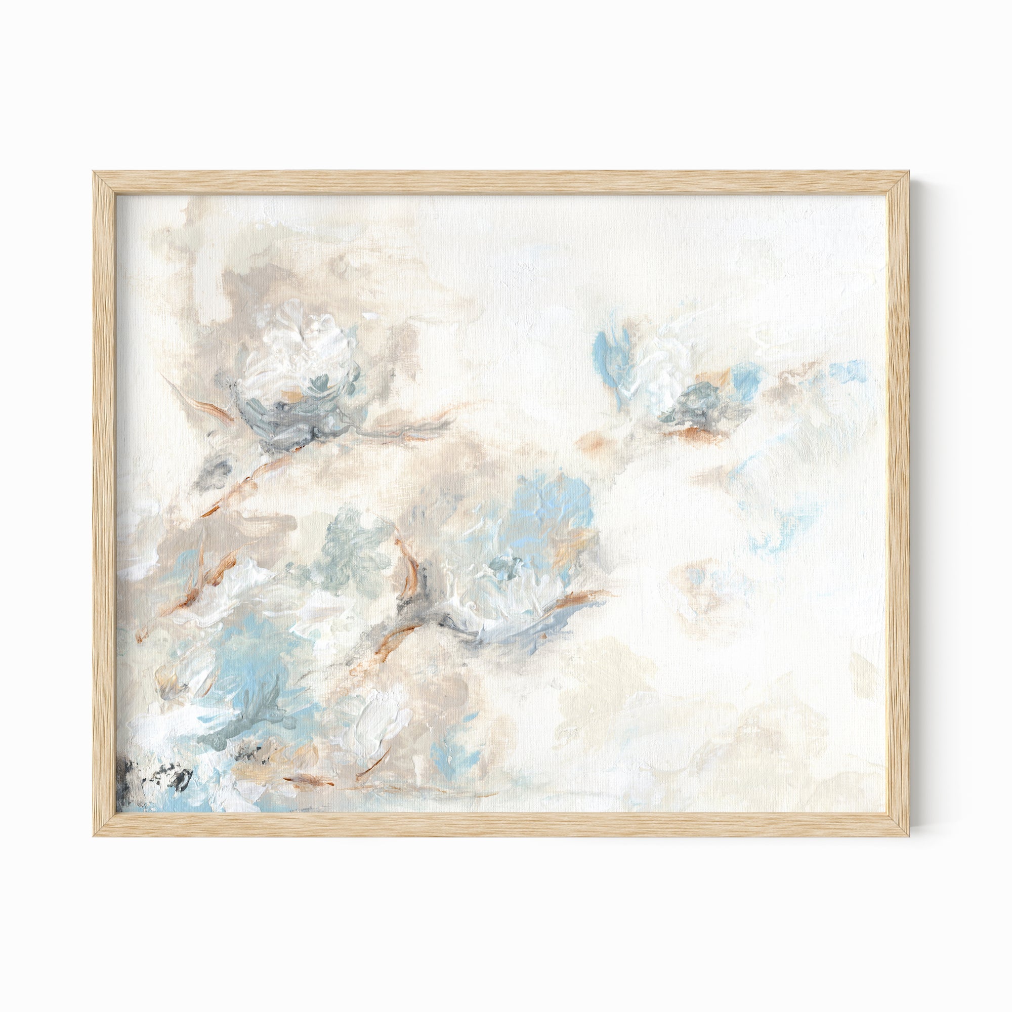 Flora - abstract floral original painting fine are print in light blue, brown, cream, gray, beige, taupe, and white; framed in natural oak by NLS Design. Large neutral wall art for living rooms, bedrooms, entryways, offices, bathrooms, and above sofas and beds. nlsdesignllc.com