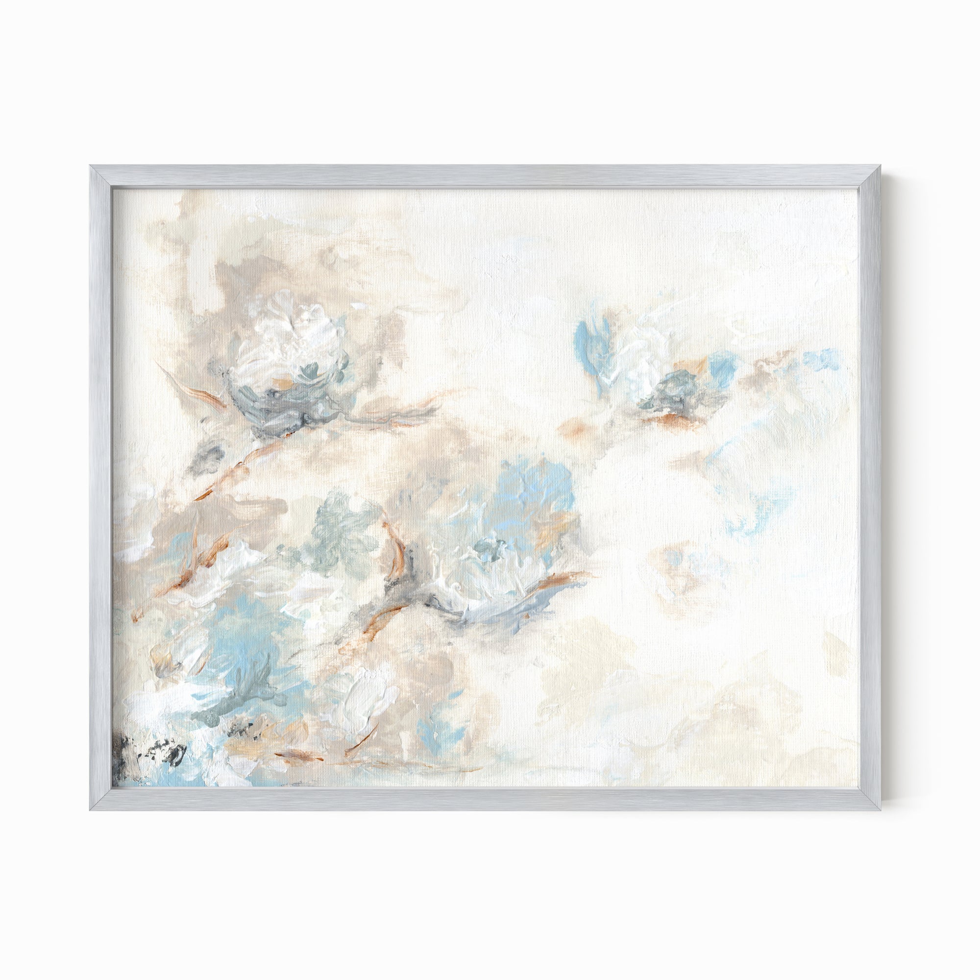 Flora - abstract floral original painting fine are print in light blue, brown, cream, gray, beige, taupe, and white; framed in silver metal by NLS Design. Large neutral wall art for living rooms, bedrooms, entryways, offices, bathrooms, and above sofas and beds. nlsdesignllc.com