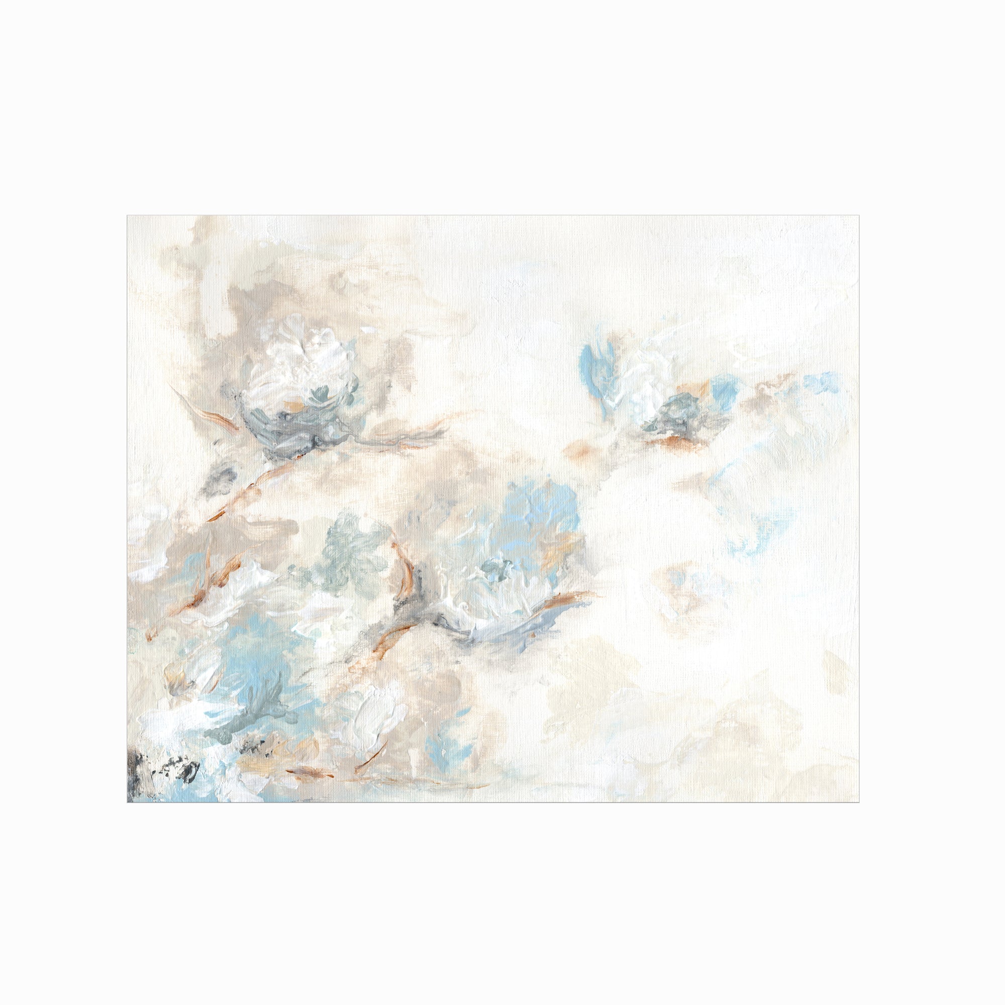 Flora - abstract floral original painting fine are print in light blue, brown, cream, gray, beige, taupe, and white; unframed by NLS Design. Large neutral wall art for living rooms, bedrooms, entryways, offices, bathrooms, and above sofas and beds. nlsdesignllc.com
