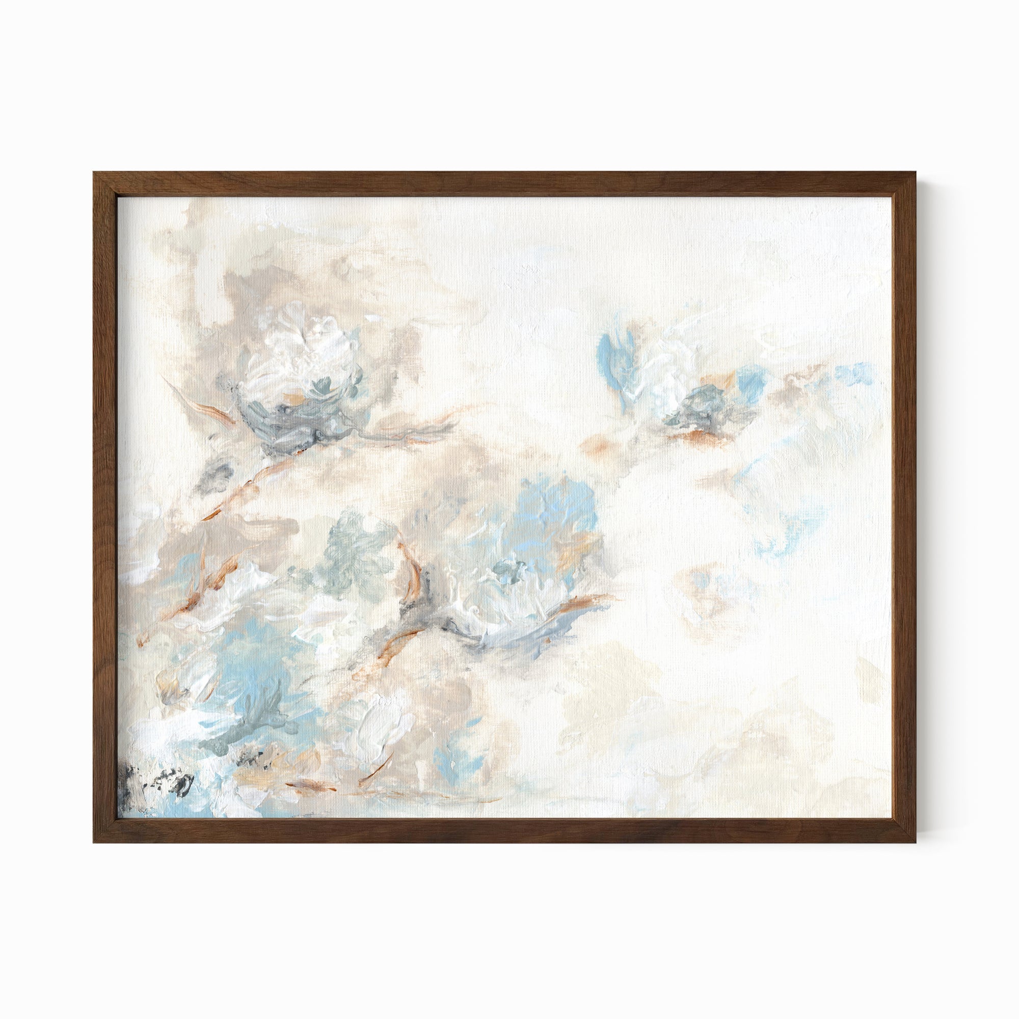 Flora - abstract floral original painting fine are print in light blue, brown, cream, gray, beige, taupe, and white; framed in walnut oak by NLS Design. Large neutral wall art for living rooms, bedrooms, entryways, offices, bathrooms, and above sofas and beds. nlsdesignllc.com