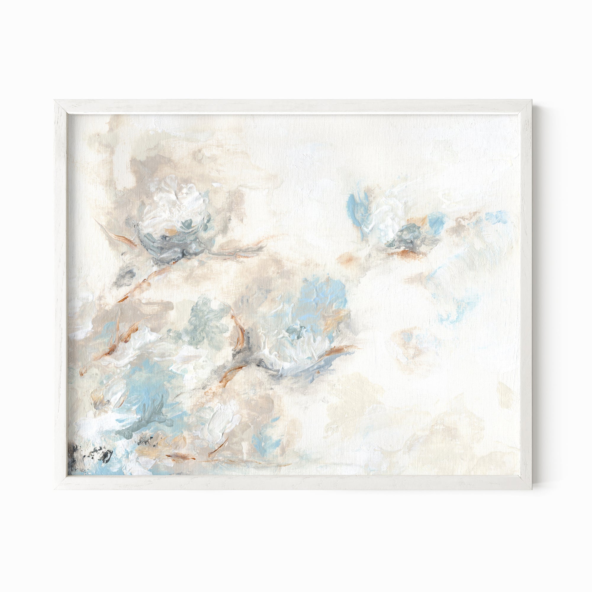 Flora - abstract floral original painting fine are print in light blue, brown, cream, gray, beige, taupe, and white; framed in white oak by NLS Design. Large neutral wall art for living rooms, bedrooms, entryways, offices, bathrooms, and above sofas and beds. nlsdesignllc.com
