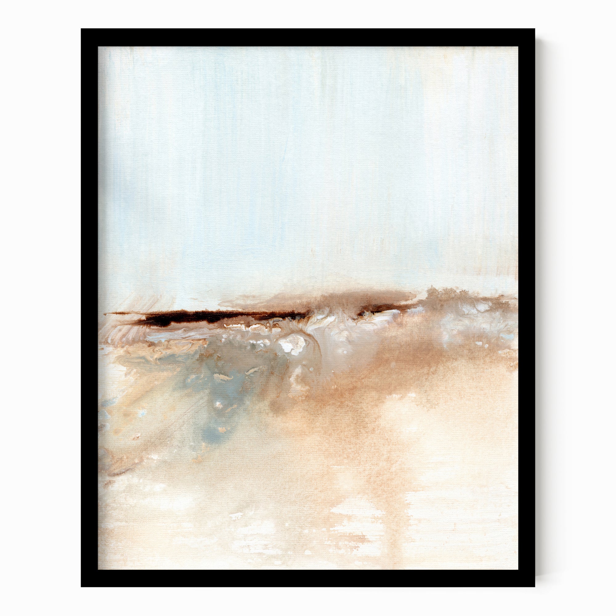 Flowstate - abstract coastal beach water landscape original painting fine are print in light blue, brown, cream, cognac, teal, beige and white; framed in black oak by NLS Design. Large neutral wall art for living rooms, bedrooms, entryways, offices, bathrooms, and above sofas and beds. nlsdesignllc.com