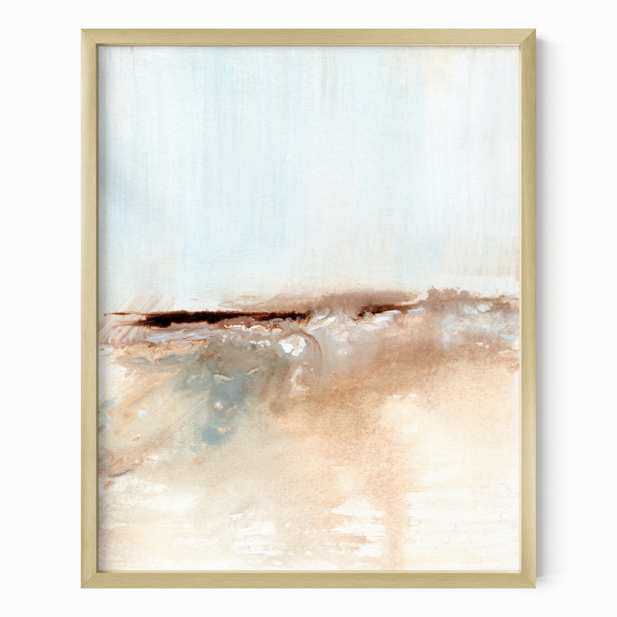 Flowstate - abstract coastal beach water landscape original painting fine are print in light blue, brown, cream, cognac, teal, beige and white; framed in gold metal by NLS Design. Large neutral wall art for living rooms, bedrooms, entryways, offices, bathrooms, and above sofas and beds. nlsdesignllc.com