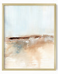 Flowstate - abstract coastal beach water landscape original painting fine are print in light blue, brown, cream, cognac, teal, beige and white; framed in gold metal by NLS Design. Large neutral wall art for living rooms, bedrooms, entryways, offices, bathrooms, and above sofas and beds. nlsdesignllc.com