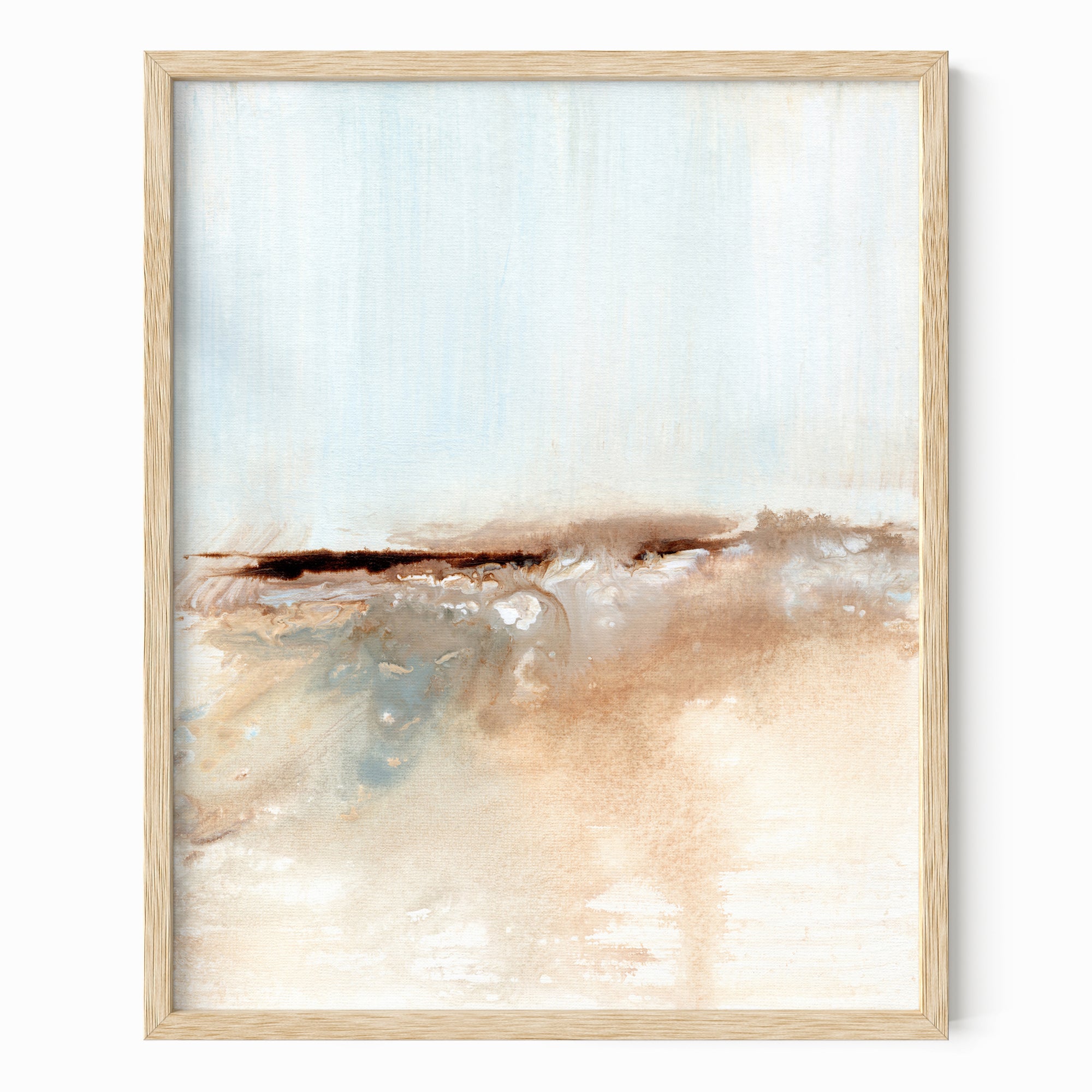 Flowstate - abstract coastal beach water landscape original painting fine are print in light blue, brown, cream, cognac, teal, beige and white; framed in natural oak by NLS Design. Large neutral wall art for living rooms, bedrooms, entryways, offices, bathrooms, and above sofas and beds. nlsdesignllc.com