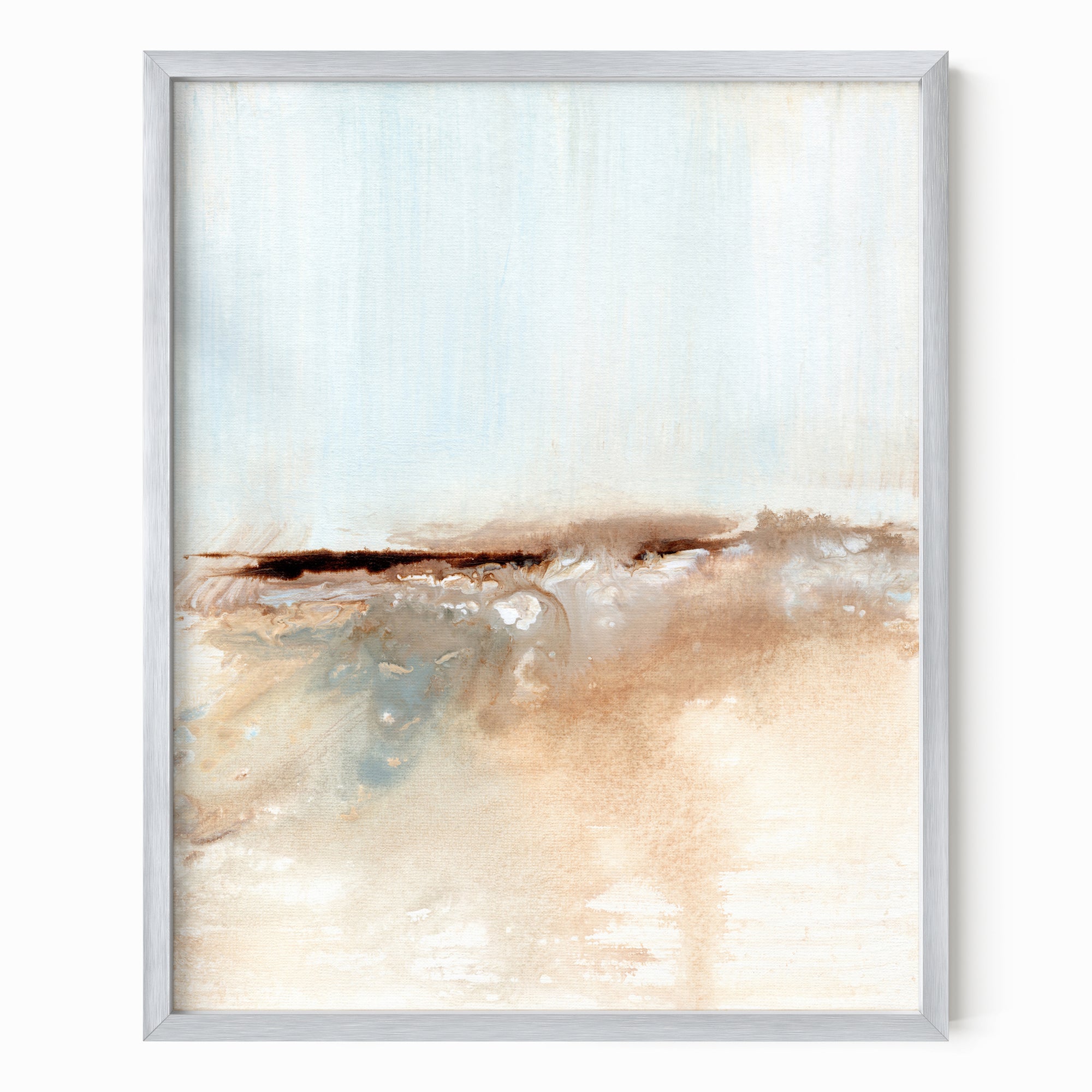 Flowstate - abstract coastal beach water landscape original painting fine are print in light blue, brown, cream, cognac, teal, beige and white; framed in silver metal by NLS Design. Large neutral wall art for living rooms, bedrooms, entryways, offices, bathrooms, and above sofas and beds. nlsdesignllc.com