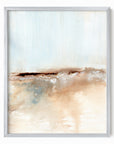Flowstate - abstract coastal beach water landscape original painting fine are print in light blue, brown, cream, cognac, teal, beige and white; framed in silver metal by NLS Design. Large neutral wall art for living rooms, bedrooms, entryways, offices, bathrooms, and above sofas and beds. nlsdesignllc.com