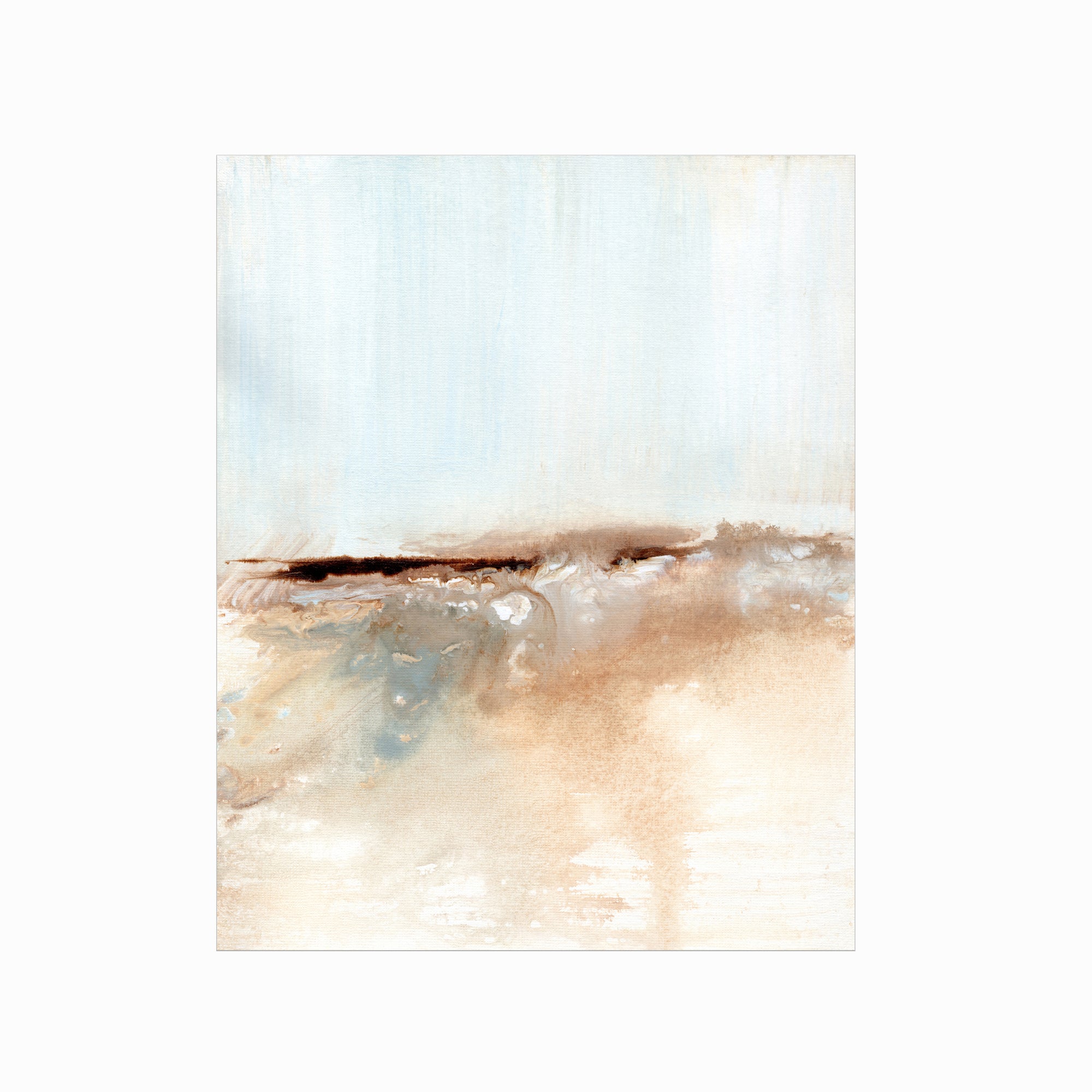 Flowstate - abstract coastal beach water landscape original painting fine are print in light blue, brown, cream, cognac, teal, beige and white; unframed by NLS Design. Large neutral wall art for living rooms, bedrooms, entryways, offices, bathrooms, and above sofas and beds. nlsdesignllc.com