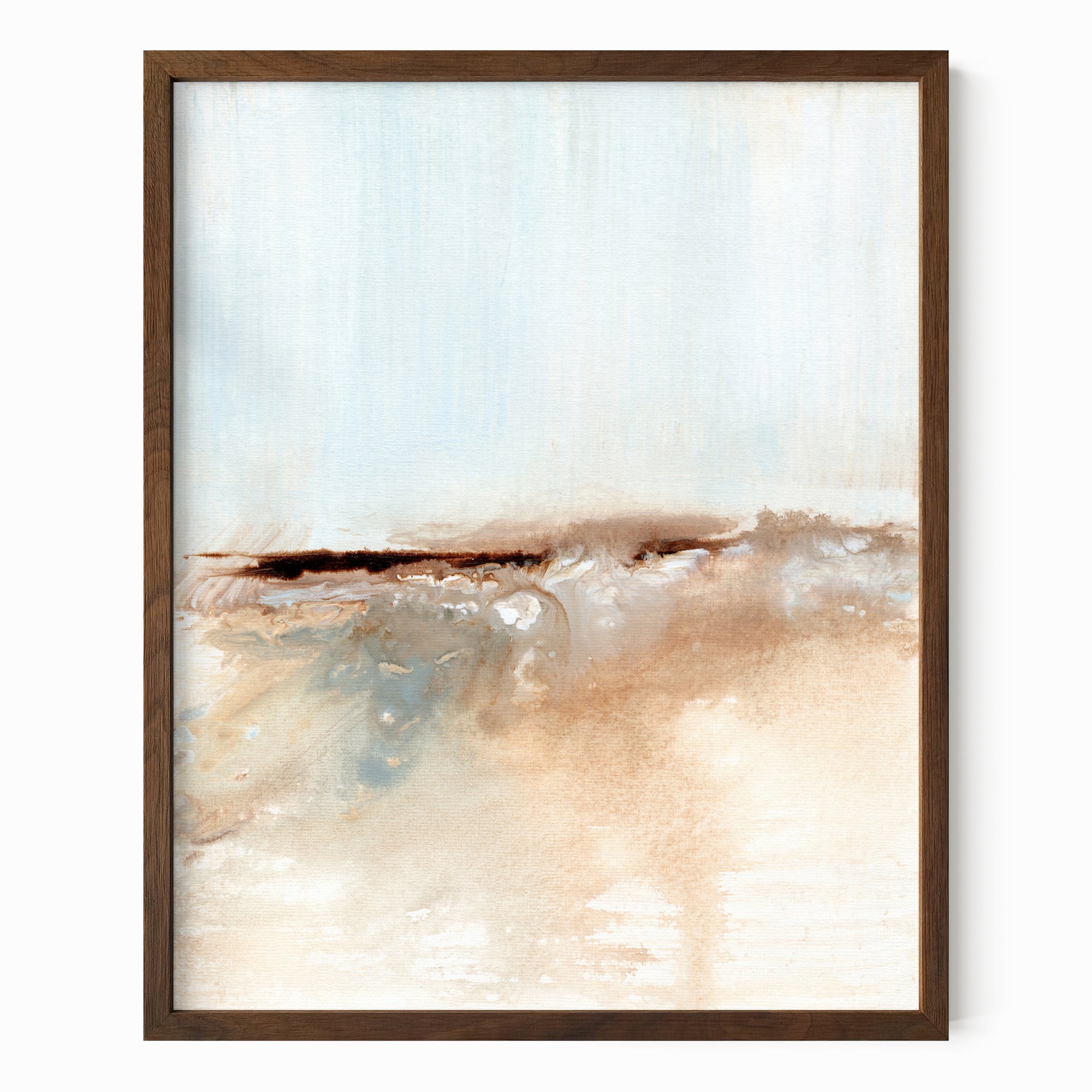 Flowstate - abstract coastal beach water landscape original painting fine are print in light blue, brown, cream, cognac, teal, beige and white; framed in walnut oak by NLS Design. Large neutral wall art for living rooms, bedrooms, entryways, offices, bathrooms, and above sofas and beds. nlsdesignllc.com