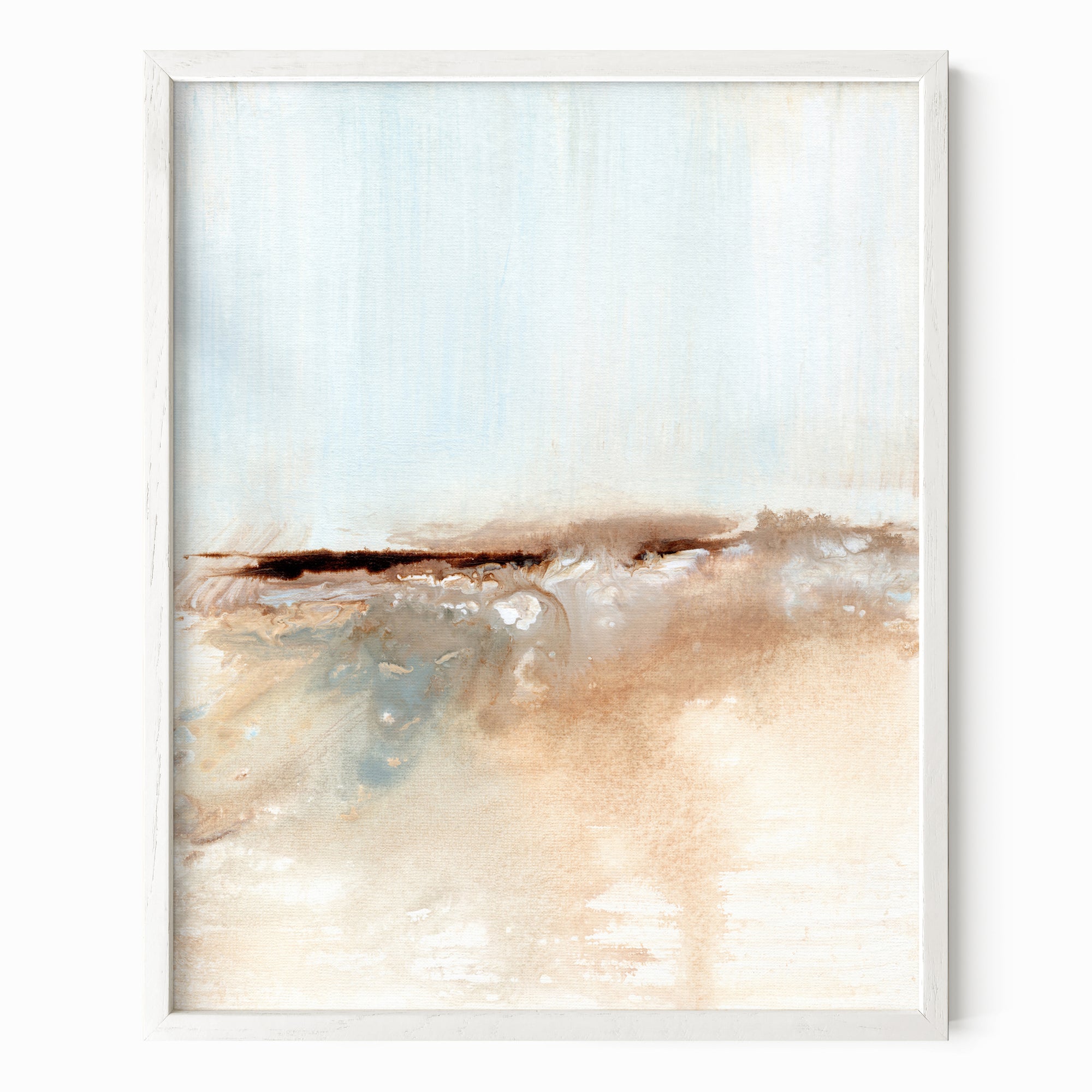 Flowstate - abstract coastal beach water landscape original painting fine are print in light blue, brown, cream, cognac, teal, beige and white; framed in white oak by NLS Design. Large neutral wall art for living rooms, bedrooms, entryways, offices, bathrooms, and above sofas and beds. nlsdesignllc.com