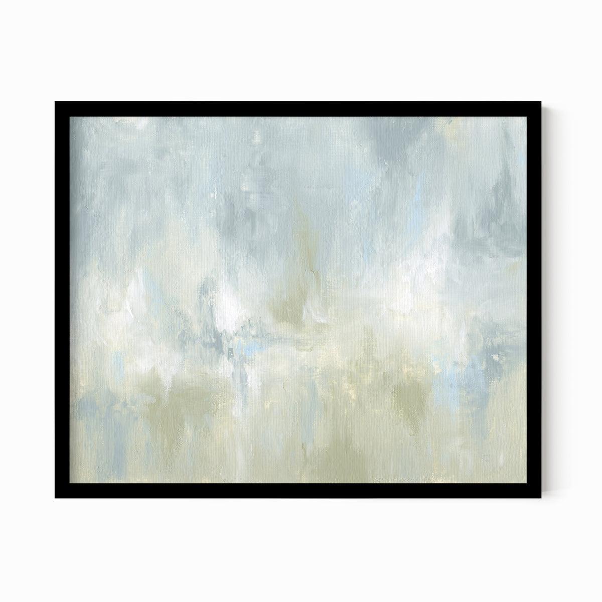 Frequency is a soft, atmospheric abstract painting in light blue green, pale gray, light blue, muted sage green, eucalyptus green, cream, and white; black oak frame by NLS Design. Large neutral gallery wall art for living rooms, bedrooms, entryways, offices, bathrooms, and above the couch and above the bed. Horizontal Sizes: 8x10, 11x14, 16x20, 18x24, 24x36, 30x40, 40x60 inches. Modern coastal, sea glass, spa, airy, minimalist, Artwork by NLS Design, nlsdesignllc.com. Real art by a real artist - NO AI