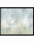 Frequency is a soft, atmospheric abstract painting in light blue green, pale gray, light blue, muted sage green, eucalyptus green, cream, and white; black oak frame by NLS Design. Large neutral gallery wall art for living rooms, bedrooms, entryways, offices, bathrooms, and above the couch and above the bed. Horizontal Sizes: 8x10, 11x14, 16x20, 18x24, 24x36, 30x40, 40x60 inches. Modern coastal, sea glass, spa, airy, minimalist, Artwork by NLS Design, nlsdesignllc.com. Real art by a real artist - NO AI