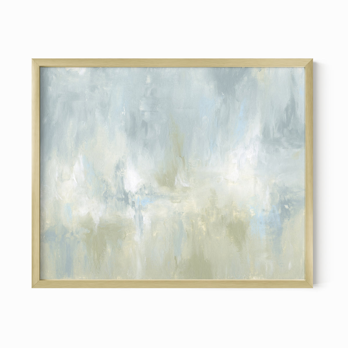 Frequency is a soft, atmospheric abstract painting in light blue green, pale gray, light blue, muted sage green, eucalyptus green, cream, and white; gold metal frame by NLS Design. Large neutral gallery wall art for living rooms, bedrooms, entryways, offices, bathrooms, and above the couch and above the bed. Horizontal Sizes: 8x10, 11x14, 16x20, 18x24, 24x36, 30x40, 40x60 inches. Modern coastal, sea glass, spa, airy, minimalist, Artwork by NLS Design, nlsdesignllc.com. Real art by a real artist - NO AI