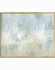 Frequency is a soft, atmospheric abstract painting in light blue green, pale gray, light blue, muted sage green, eucalyptus green, cream, and white; gold metal frame by NLS Design. Large neutral gallery wall art for living rooms, bedrooms, entryways, offices, bathrooms, and above the couch and above the bed. Horizontal Sizes: 8x10, 11x14, 16x20, 18x24, 24x36, 30x40, 40x60 inches. Modern coastal, sea glass, spa, airy, minimalist, Artwork by NLS Design, nlsdesignllc.com. Real art by a real artist - NO AI