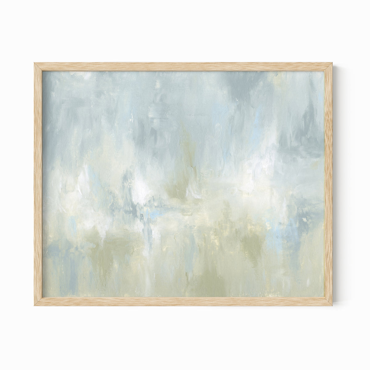 Frequency is a soft, atmospheric abstract painting in light blue green, pale gray, light blue, muted sage green, eucalyptus green, cream, and white; natural oak frame by NLS Design. Large neutral gallery wall art for living rooms, bedrooms, entryways, offices, bathrooms, and above the couch and above the bed. Horizontal Sizes: 8x10, 11x14, 16x20, 18x24, 24x36, 30x40, 40x60 inches. Modern coastal, sea glass, spa, airy, minimalist, Artwork by NLS Design, nlsdesignllc.com. Real art by a real artist - NO AI