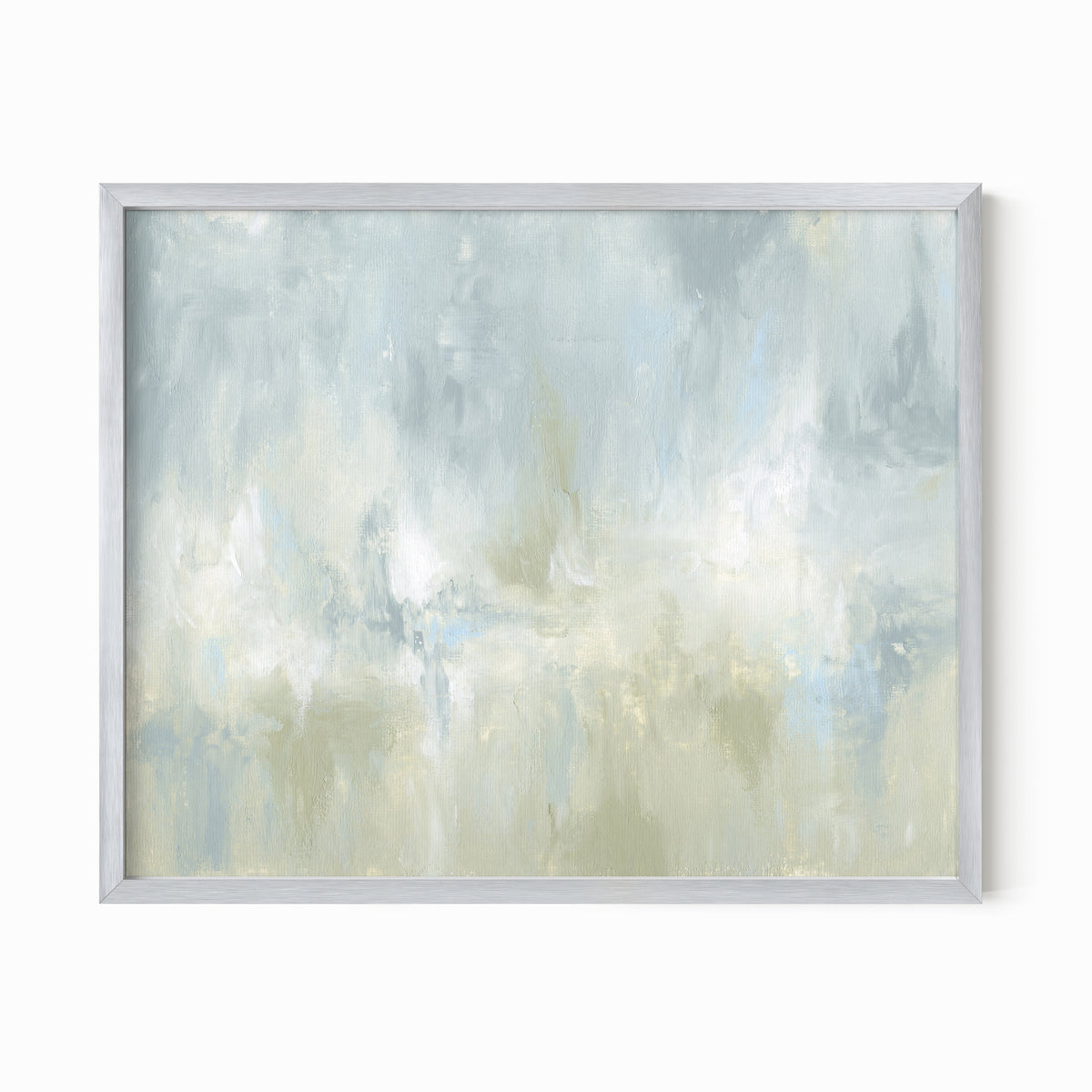 Frequency is a soft, atmospheric abstract painting in light blue green, pale gray, light blue, muted sage green, eucalyptus green, cream, and white; silver metal frame by NLS Design. Large neutral gallery wall art for living rooms, bedrooms, entryways, offices, bathrooms, and above the couch and above the bed. Horizontal Sizes: 8x10, 11x14, 16x20, 18x24, 24x36, 30x40, 40x60 inches. Modern coastal, sea glass, spa, airy, minimalist, Artwork by NLS Design, nlsdesignllc.com. Real art by a real artist - NO AI