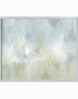 Frequency is a soft, atmospheric abstract painting in light blue green, pale gray, light blue, muted sage green, eucalyptus green, cream, and white; silver metal frame by NLS Design. Large neutral gallery wall art for living rooms, bedrooms, entryways, offices, bathrooms, and above the couch and above the bed. Horizontal Sizes: 8x10, 11x14, 16x20, 18x24, 24x36, 30x40, 40x60 inches. Modern coastal, sea glass, spa, airy, minimalist, Artwork by NLS Design, nlsdesignllc.com. Real art by a real artist - NO AI