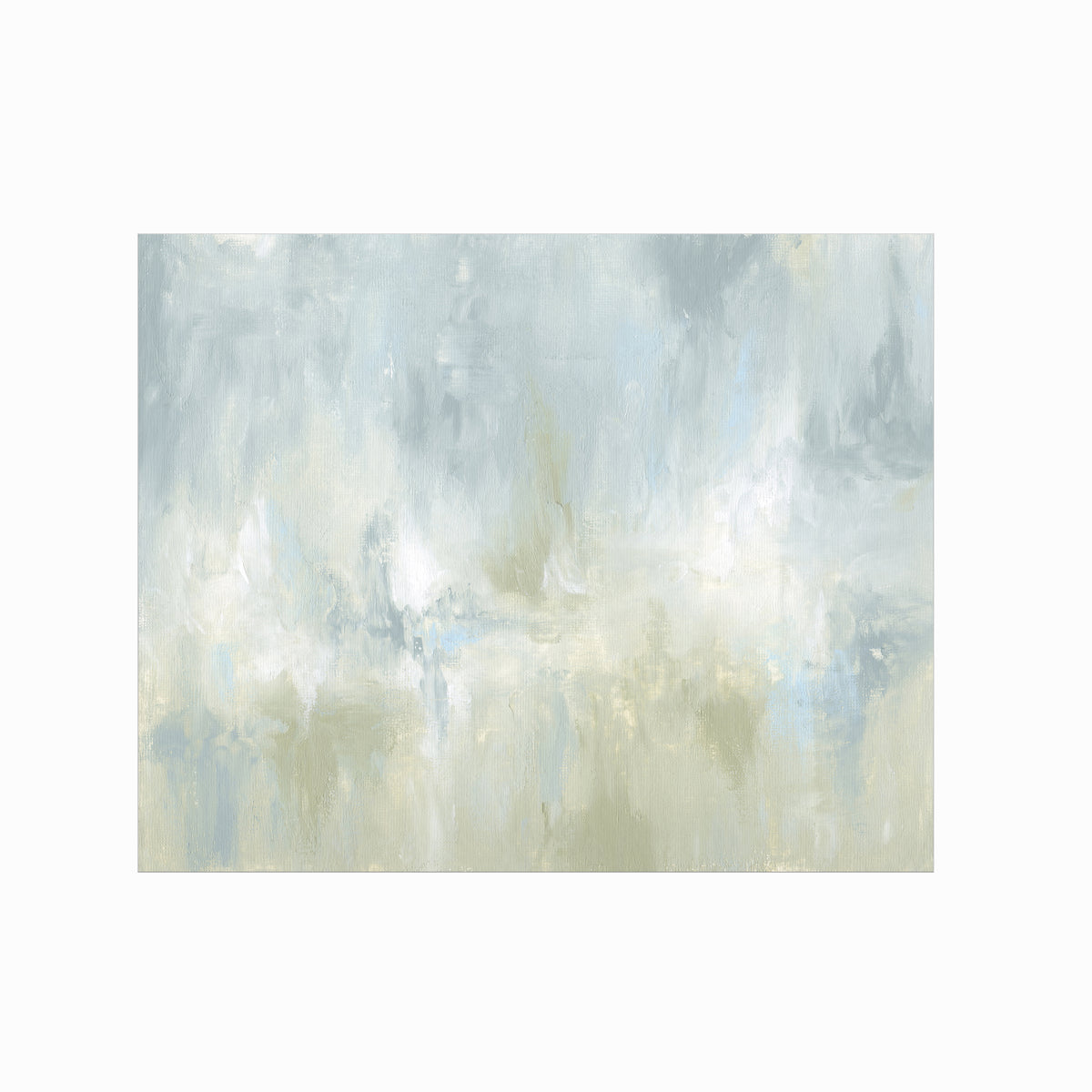 Frequency is a soft, atmospheric abstract painting in light blue green, pale gray, light blue, muted sage green, eucalyptus green, cream, and white; unframed by NLS Design. Large neutral gallery wall art for living rooms, bedrooms, entryways, offices, bathrooms, and above the couch and above the bed. Horizontal Sizes: 8x10, 11x14, 16x20, 18x24, 24x36, 30x40, 40x60 inches. Modern coastal, sea glass, spa, airy, minimalist, . Artwork by NLS Design, nlsdesignllc.com. Real art by a real artist - NO AI