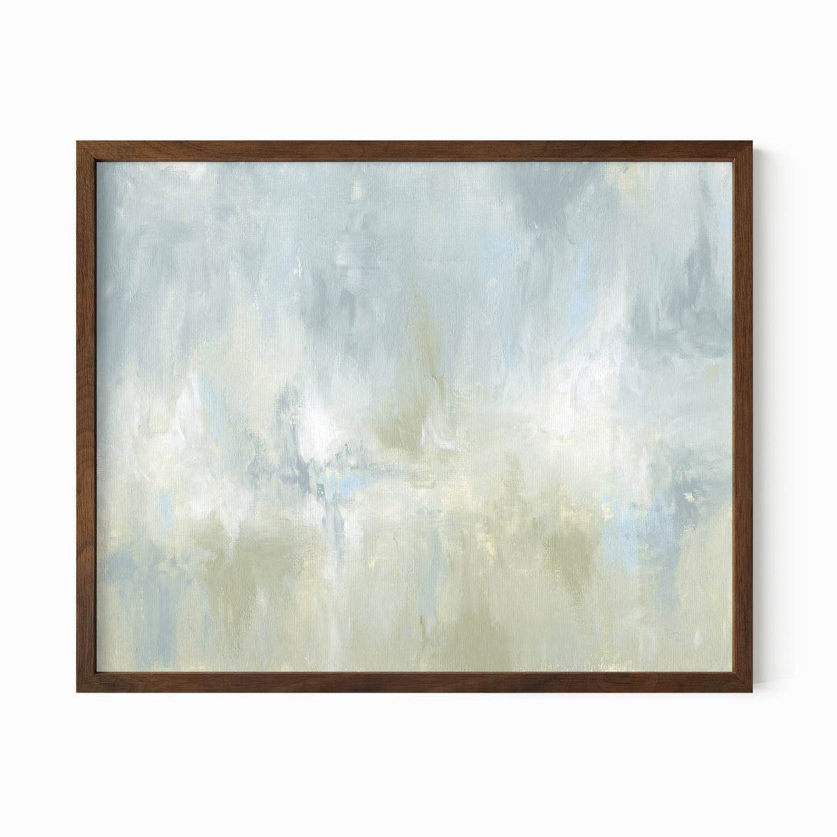 Frequency is a soft, atmospheric abstract painting in light blue green, pale gray, light blue, muted sage green, eucalyptus green, cream, and white; walnut oak frame by NLS Design. Large neutral gallery wall art for living rooms, bedrooms, entryways, offices, bathrooms, and above the couch and above the bed. Horizontal Sizes: 8x10, 11x14, 16x20, 18x24, 24x36, 30x40, 40x60 inches. Modern coastal, sea glass, spa, airy, minimalist, Artwork by NLS Design, nlsdesignllc.com. Real art by a real artist - NO AI