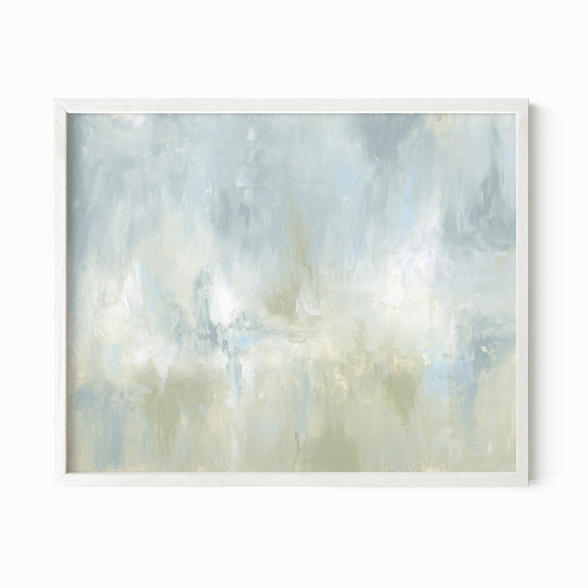 Frequency is a soft, atmospheric abstract painting in light blue green, pale gray, light blue, muted sage green, eucalyptus green, cream, and white; white oak frame by NLS Design. Large neutral gallery wall art for living rooms, bedrooms, entryways, offices, bathrooms, and above the couch and above the bed. Horizontal Sizes: 8x10, 11x14, 16x20, 18x24, 24x36, 30x40, 40x60 inches. Modern coastal, sea glass, spa, airy, minimalist, Artwork by NLS Design, nlsdesignllc.com. Real art by a real artist - NO AI