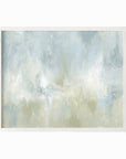 Frequency is a soft, atmospheric abstract painting in light blue green, pale gray, light blue, muted sage green, eucalyptus green, cream, and white; white oak frame by NLS Design. Large neutral gallery wall art for living rooms, bedrooms, entryways, offices, bathrooms, and above the couch and above the bed. Horizontal Sizes: 8x10, 11x14, 16x20, 18x24, 24x36, 30x40, 40x60 inches. Modern coastal, sea glass, spa, airy, minimalist, Artwork by NLS Design, nlsdesignllc.com. Real art by a real artist - NO AI