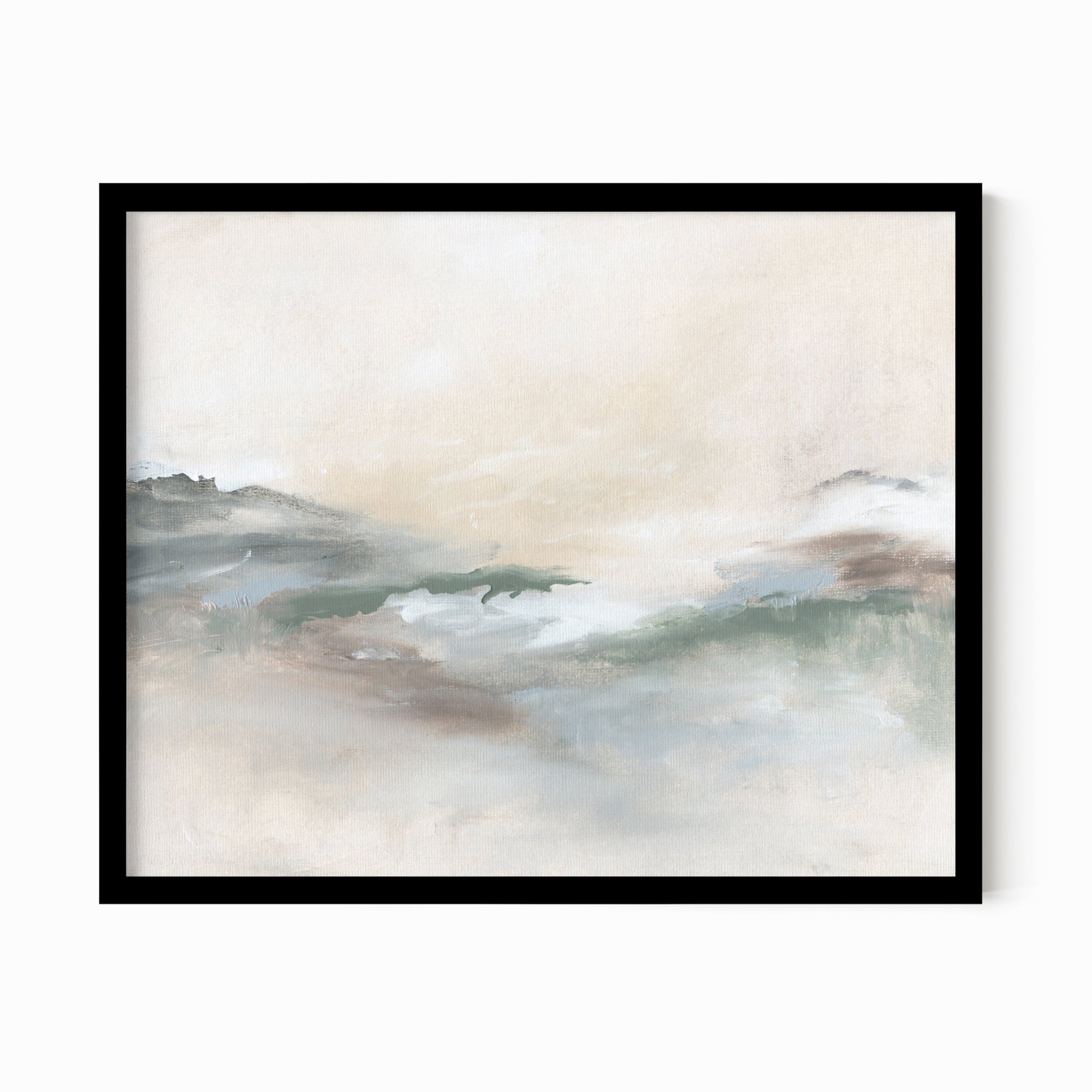 Gleam - abstract landscape original painting fine are print in cream, beige, green, light gray, white and brown, earth tones; framed in black oak by NLS Design. Large neutral wall art for living rooms, bedrooms, entryways, offices, bathrooms, and above sofas and beds. Modern coastal minimalistic muted soft design. nlsdesignllc.com