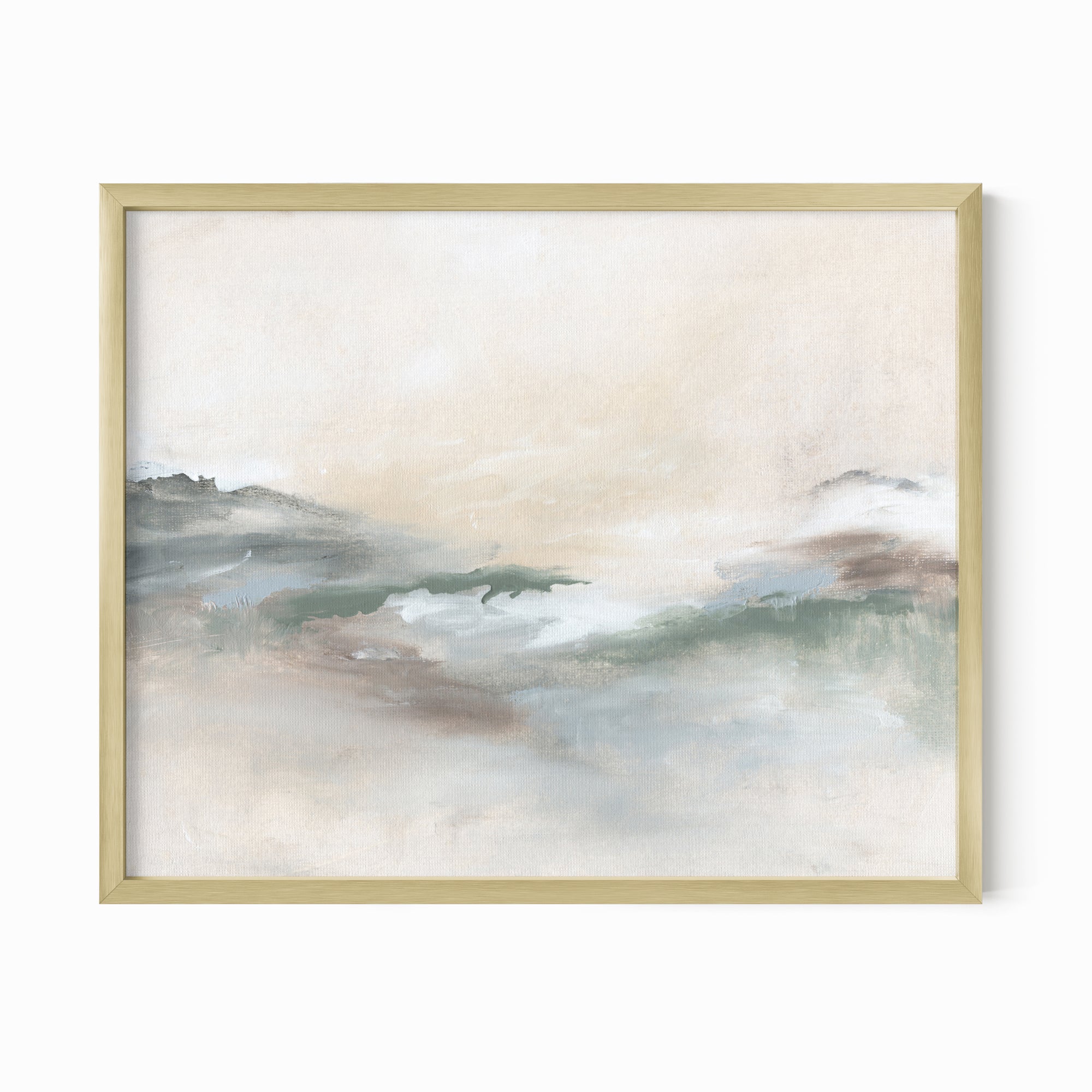 Gleam - abstract landscape original painting fine are print in cream, beige, green, light gray, white and brown, earth tones; framed in gold metal by NLS Design. Large neutral wall art for living rooms, bedrooms, entryways, offices, bathrooms, and above sofas and beds. Modern coastal minimalistic muted soft design. nlsdesignllc.com