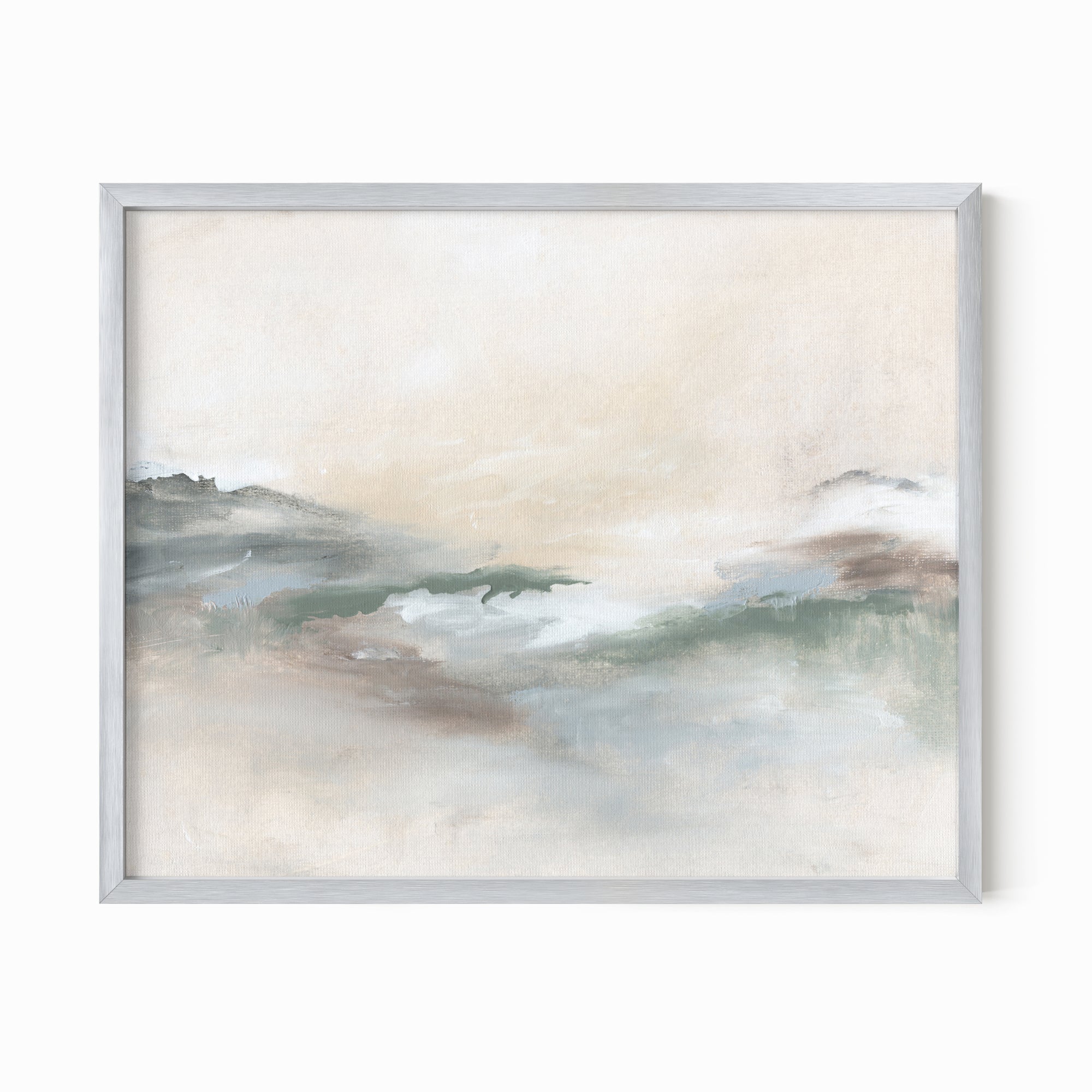 Gleam - abstract landscape original painting fine are print in cream, beige, green, light gray, white and brown, earth tones; framed in silver metal by NLS Design. Large neutral wall art for living rooms, bedrooms, entryways, offices, bathrooms, and above sofas and beds. Modern coastal minimalistic muted soft design. nlsdesignllc.com