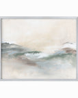 Gleam - abstract landscape original painting fine are print in cream, beige, green, light gray, white and brown, earth tones; framed in silver metal by NLS Design. Large neutral wall art for living rooms, bedrooms, entryways, offices, bathrooms, and above sofas and beds. Modern coastal minimalistic muted soft design. nlsdesignllc.com