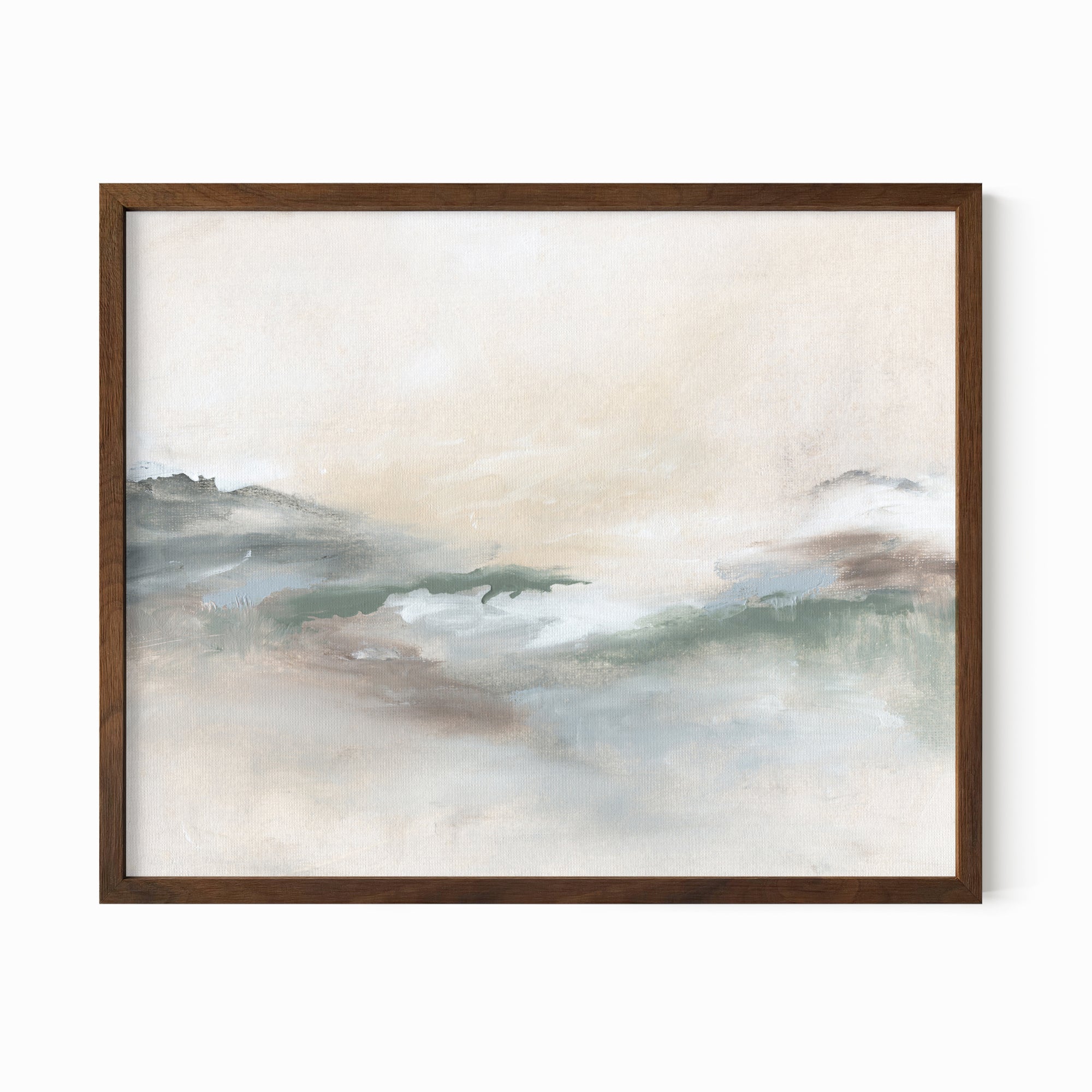 Gleam - abstract landscape original painting fine are print in cream, beige, green, light gray, white and brown, earth tones; framed in walnut oak by NLS Design. Large neutral wall art for living rooms, bedrooms, entryways, offices, bathrooms, and above sofas and beds. Modern coastal minimalistic muted soft design. nlsdesignllc.com