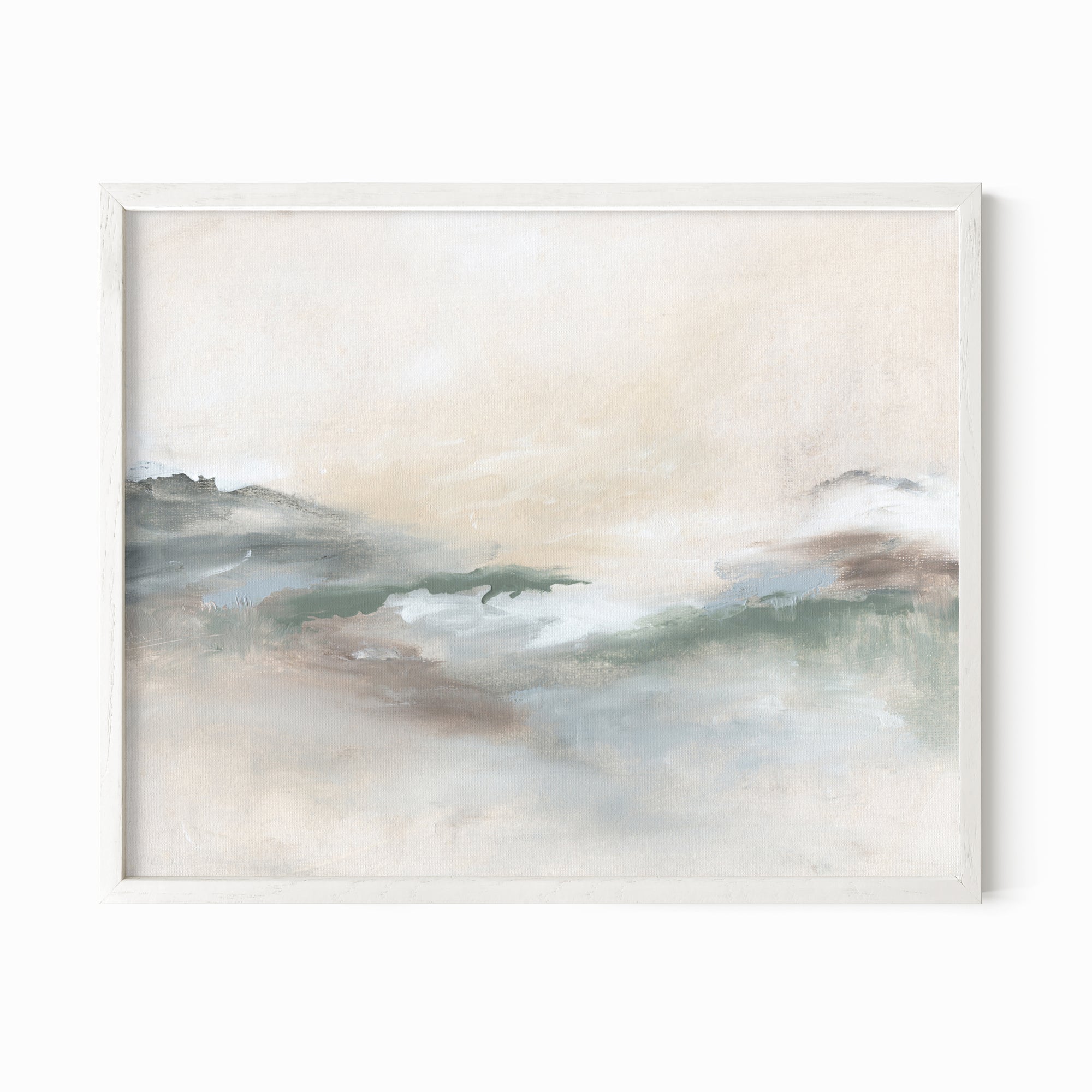 Gleam - abstract landscape original painting fine are print in cream, beige, green, light gray, white and brown, earth tones; framed in white oak by NLS Design. Large neutral wall art for living rooms, bedrooms, entryways, offices, bathrooms, and above sofas and beds. Modern coastal minimalistic muted soft design. nlsdesignllc.com