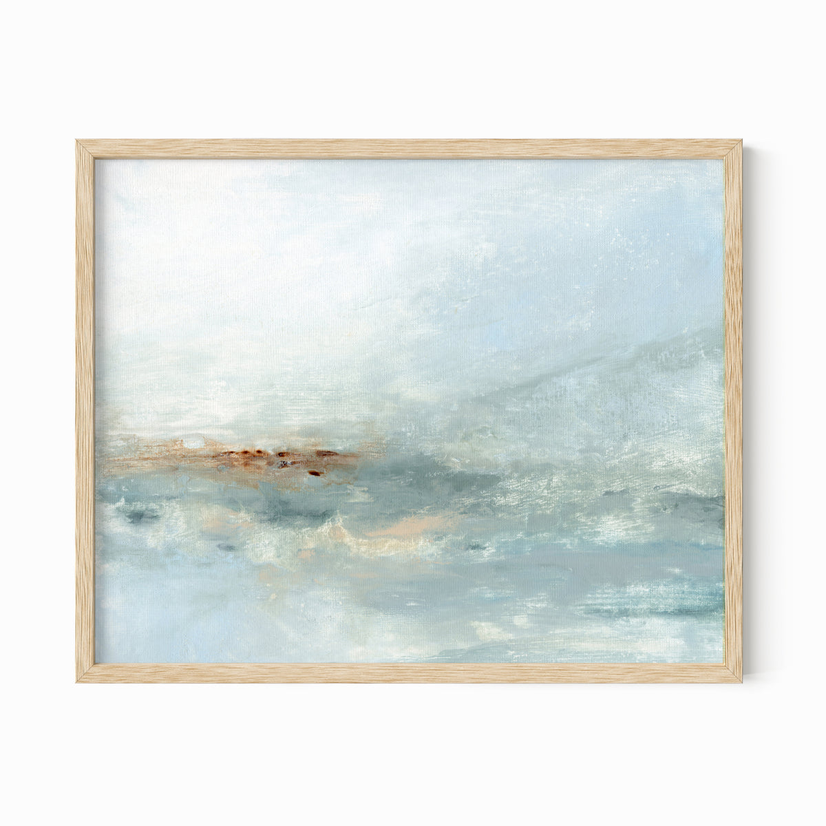 Glide is a soft abstract coastal beach landscape in light blue, blue green, cream, yellow beige, white, cognac brown, and pale gray, natural oak frame by NLS Design. Large neutral gallery wall art for living rooms, bedrooms, entryways, offices, bathrooms, and above the couch and above the bed. Modern coastal, coastal grandmother, Nancy Meyers, beach house. Horizontal sizes, 8x10, 11x14, 16x20, 18x24, 24x36, 30x40, 40x60 inches. Artwork by NLS Design, nlsdesignllc.com. Real art by a real artist. No AI