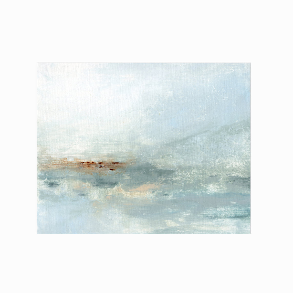 Glide is a soft abstract coastal beach landscape in light blue, blue green, cream, yellow beige, white, cognac brown, and pale gray, unframed by NLS Design. Large neutral gallery wall art for living rooms, bedrooms, entryways, offices, bathrooms, and above the couch and above the bed. Modern coastal, coastal grandmother, Nancy Meyers, beach house, lake house. Horizontal sizes, 8x10, 11x14, 16x20, 18x24, 24x36, 30x40, 40x60 inches. Artwork by NLS Design, nlsdesignllc.com. Real art by a real artist. No AI