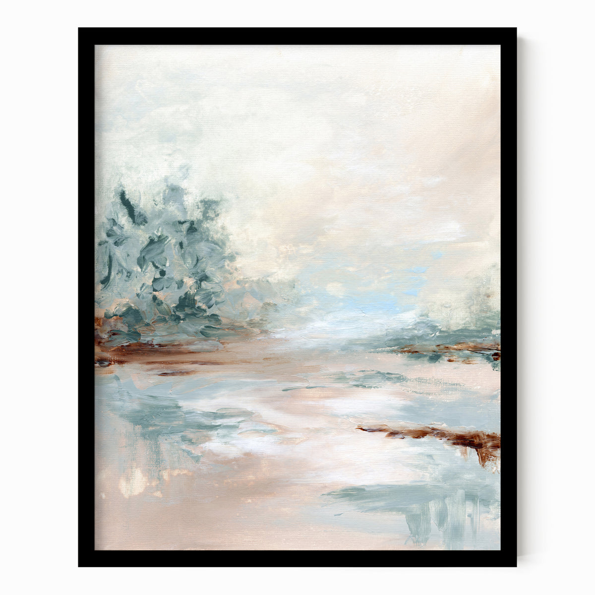 Halo is a luminous abstract landscape in warm beige, yellow cream, coral blush, blue green, jade green, cognac brown, light blue, pale gray, and white, black oak frame by NLS Design. Large neutral gallery wall art for living rooms, bedrooms, entryways, offices, bathrooms, and above the couch and above the bed. Contemporary coastal, warm quiet luxury, soft muted. Vertical sizes, 8x10, 11x14, 16x20, 18x24, 24x36, 30x40, 40x60 inches. Artwork by NLS Design, nlsdesignllc.com. Real art by a real artist. No AI