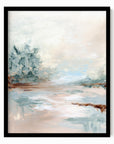 Halo is a luminous abstract landscape in warm beige, yellow cream, coral blush, blue green, jade green, cognac brown, light blue, pale gray, and white, black oak frame by NLS Design. Large neutral gallery wall art for living rooms, bedrooms, entryways, offices, bathrooms, and above the couch and above the bed. Contemporary coastal, warm quiet luxury, soft muted. Vertical sizes, 8x10, 11x14, 16x20, 18x24, 24x36, 30x40, 40x60 inches. Artwork by NLS Design, nlsdesignllc.com. Real art by a real artist. No AI