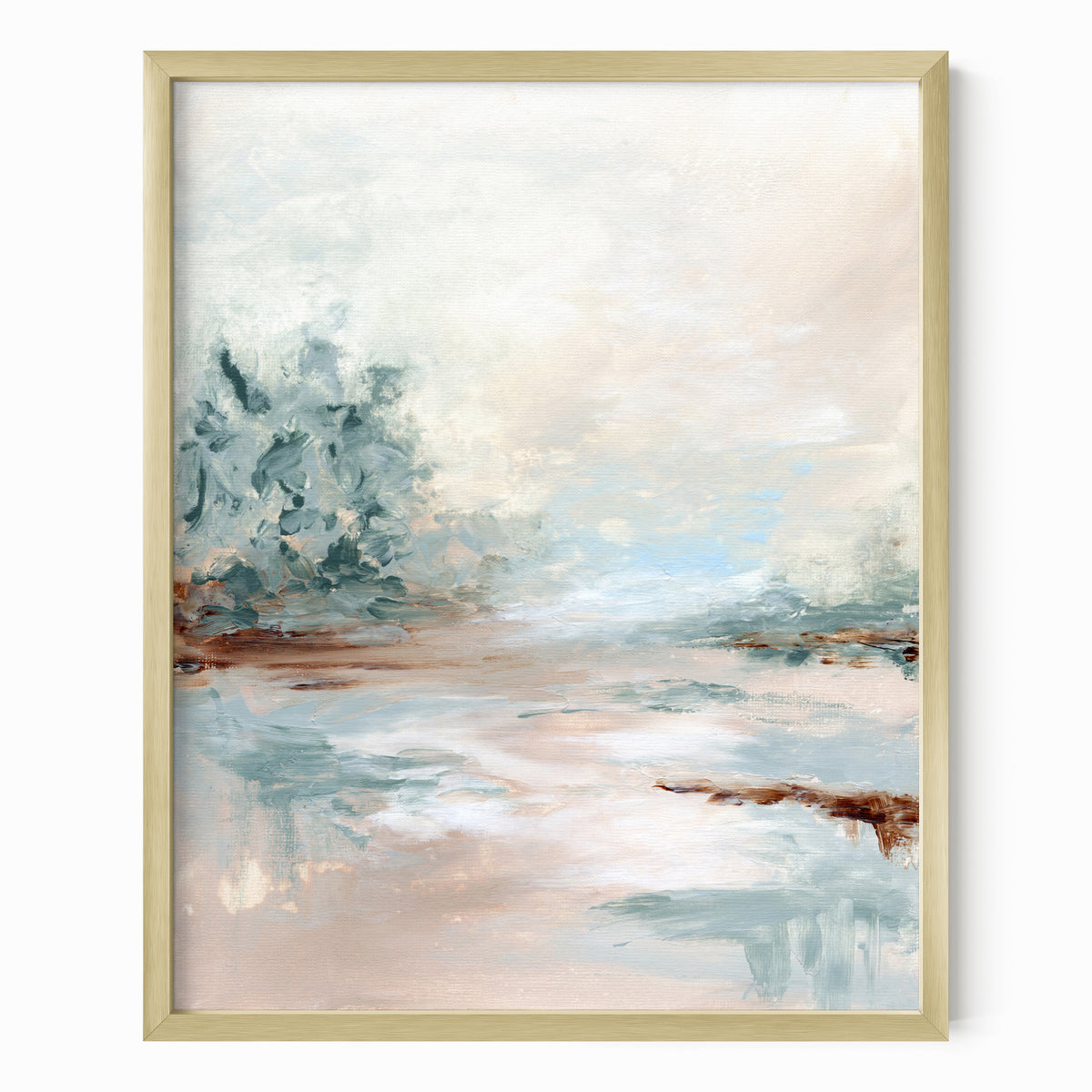 Halo is a luminous abstract landscape in warm beige, yellow cream, coral blush, blue green, jade green, cognac brown, light blue, pale gray, and white, gold metal frame by NLS Design. Large neutral gallery wall art for living rooms, bedrooms, entryways, offices, bathrooms, and above the couch and above the bed. Contemporary coastal, warm quiet luxury, soft muted. Vertical sizes, 8x10, 11x14, 16x20, 18x24, 24x36, 30x40, 40x60 inches. Artwork by NLS Design, nlsdesignllc.com. Real art by a real artist. No AI