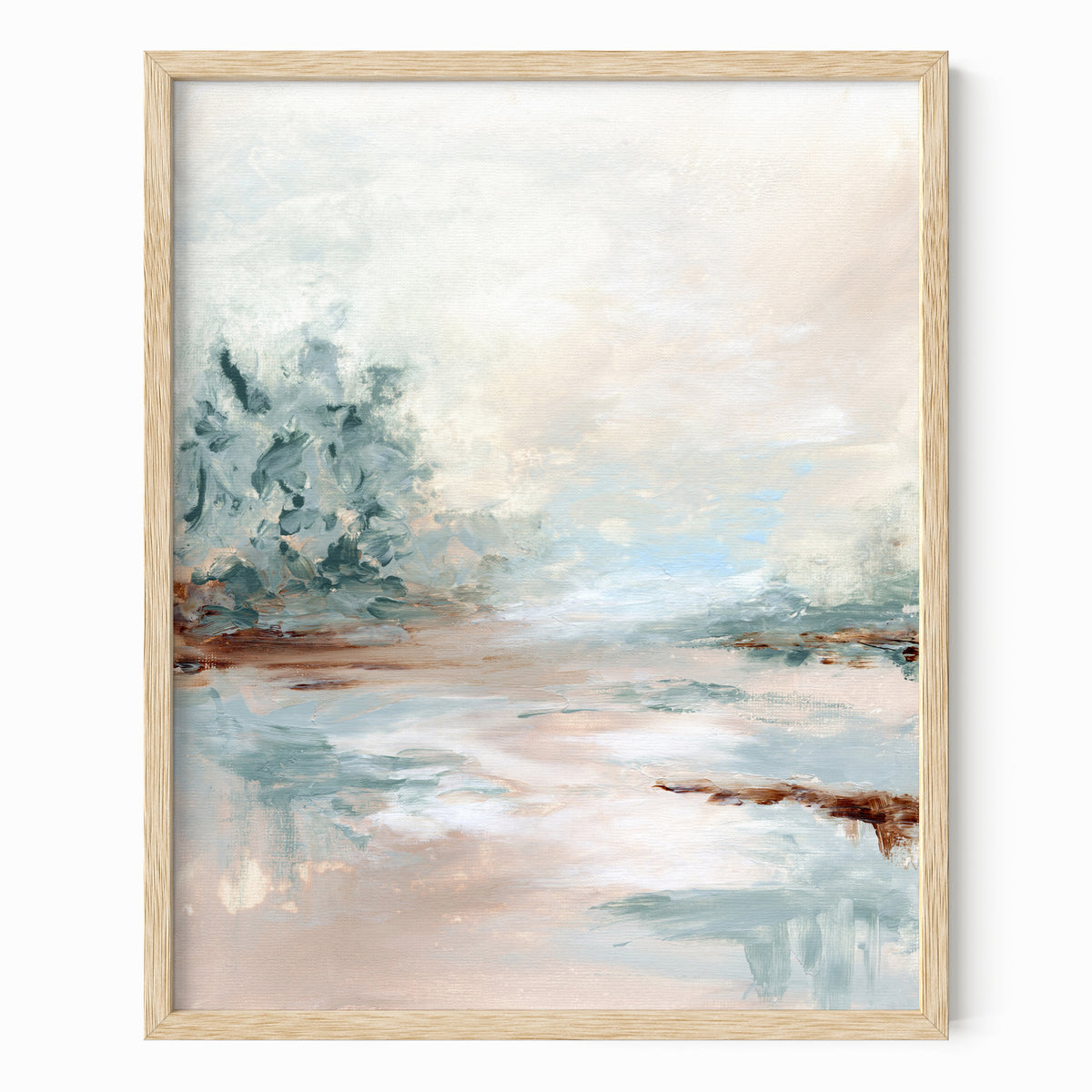 Halo is a luminous abstract landscape in warm beige, yellow cream, coral blush, blue green, jade green, cognac brown, light blue, pale gray, and white, natural oak frame by NLS Design. Large neutral gallery wall art for living rooms, bedrooms, entryways, offices, bathrooms, and above the couch and above the bed. Contemporary coastal, warm quiet luxury, soft muted. Vertical sizes, 8x10, 11x14, 16x20, 18x24, 24x36, 30x40, 40x60 inches. Artwork by NLS Design, nlsdesignllc.com. Real art by a real artist. No AI