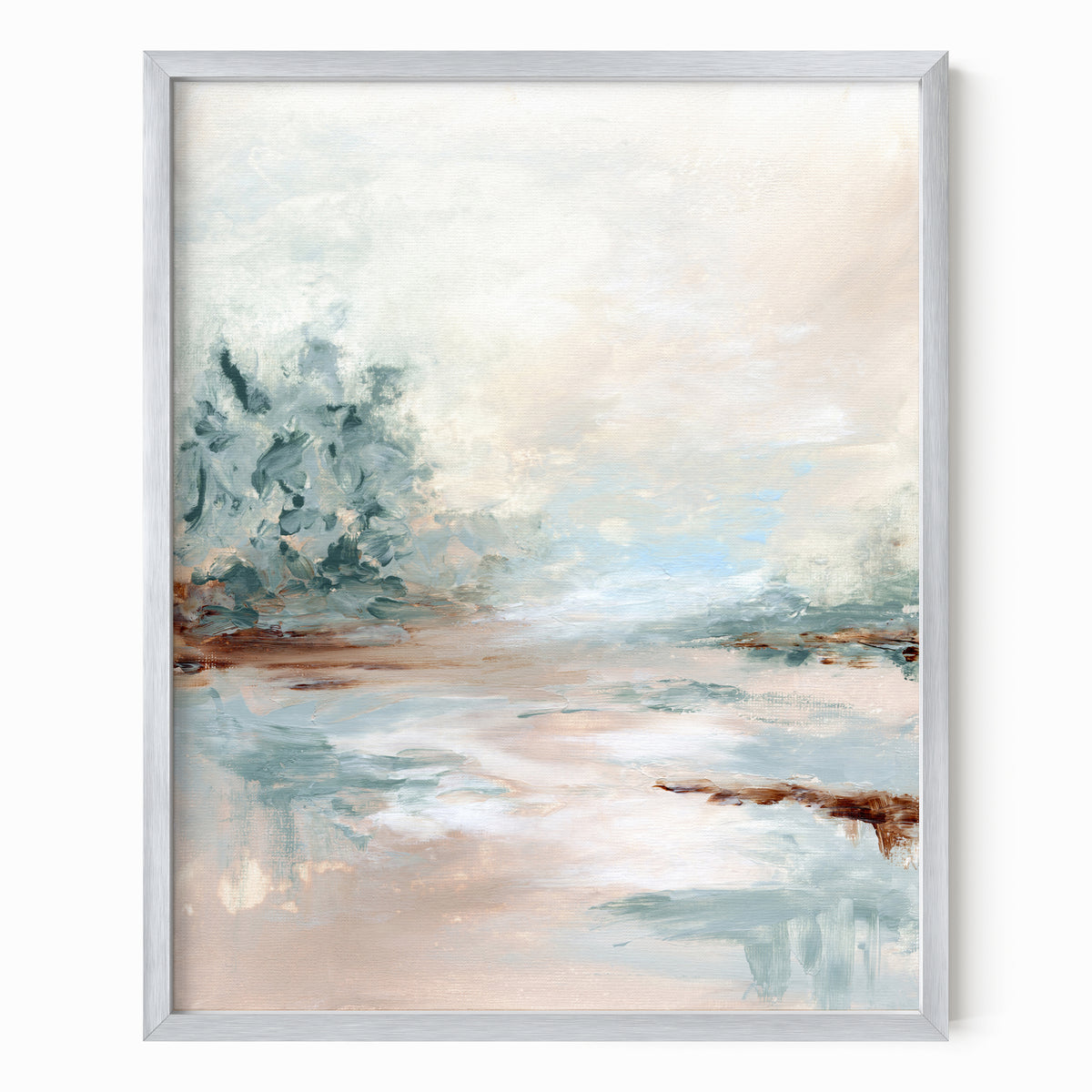 Halo is a luminous abstract landscape in warm beige, yellow cream, coral blush, blue green, jade green, cognac brown, light blue, pale gray, and white, silver metal frame by NLS Design. Large neutral gallery wall art for living rooms, bedrooms, entryways, offices, bathrooms, and above the couch and above the bed. Contemporary coastal, warm quiet luxury, soft muted. Vertical sizes, 8x10, 11x14, 16x20, 18x24, 24x36, 30x40, 40x60 inches. Artwork by NLS Design, nlsdesignllc.com. Real art by a real artist. No AI